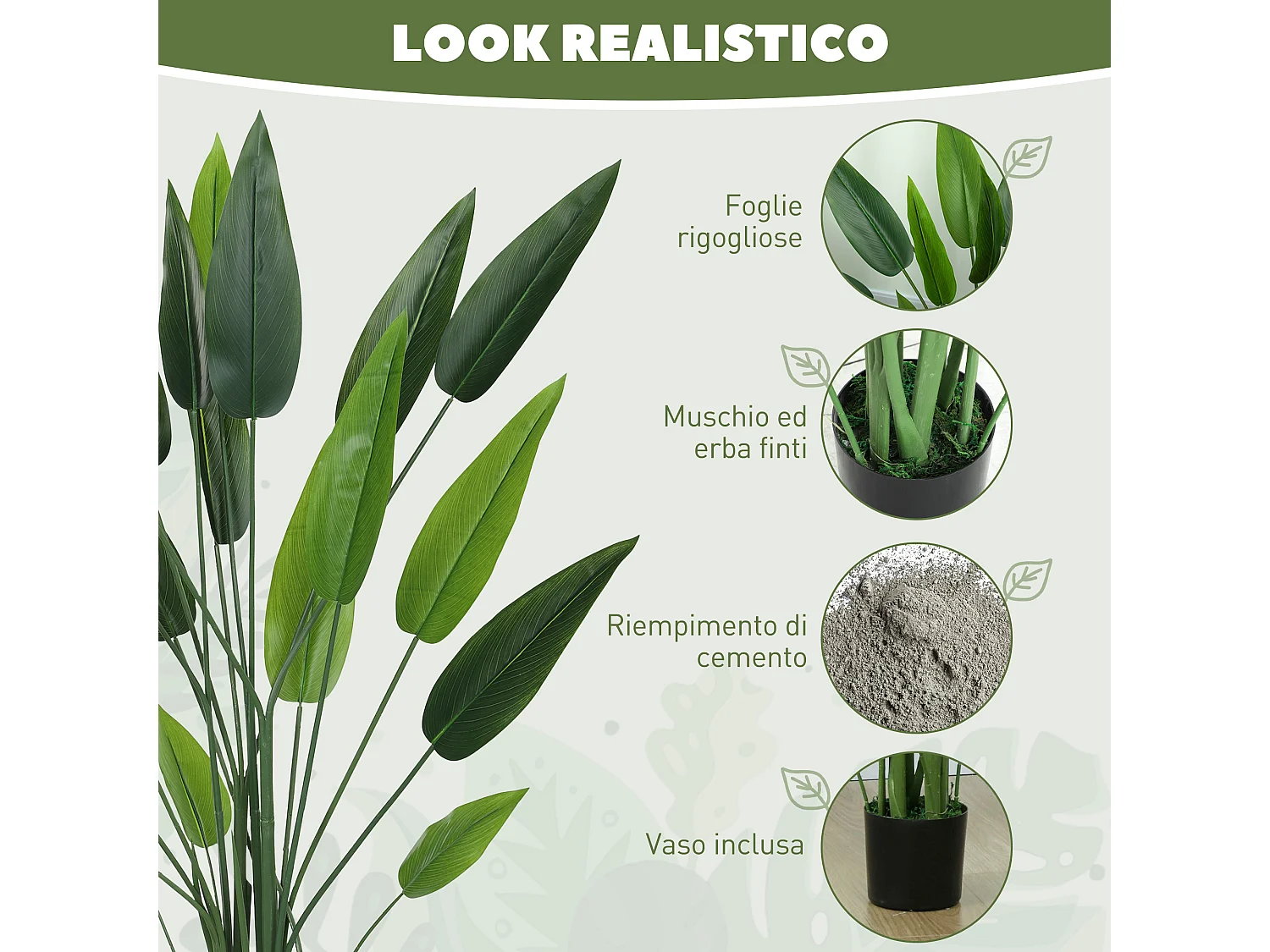 Pianta artificiale verde di uccello del paradiso da 20 foglie con vaso