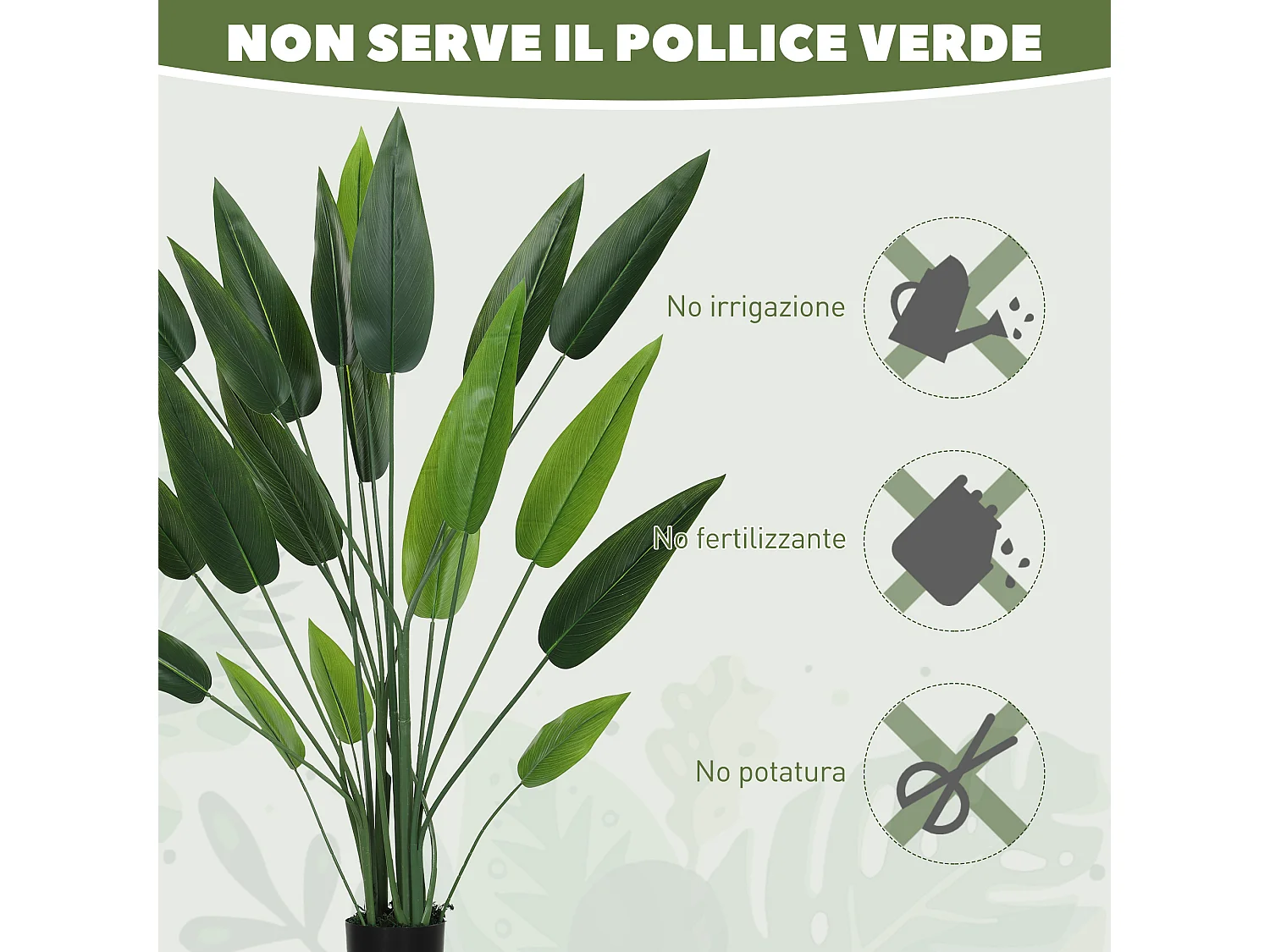 Pianta artificiale verde di uccello del paradiso da 20 foglie con vaso