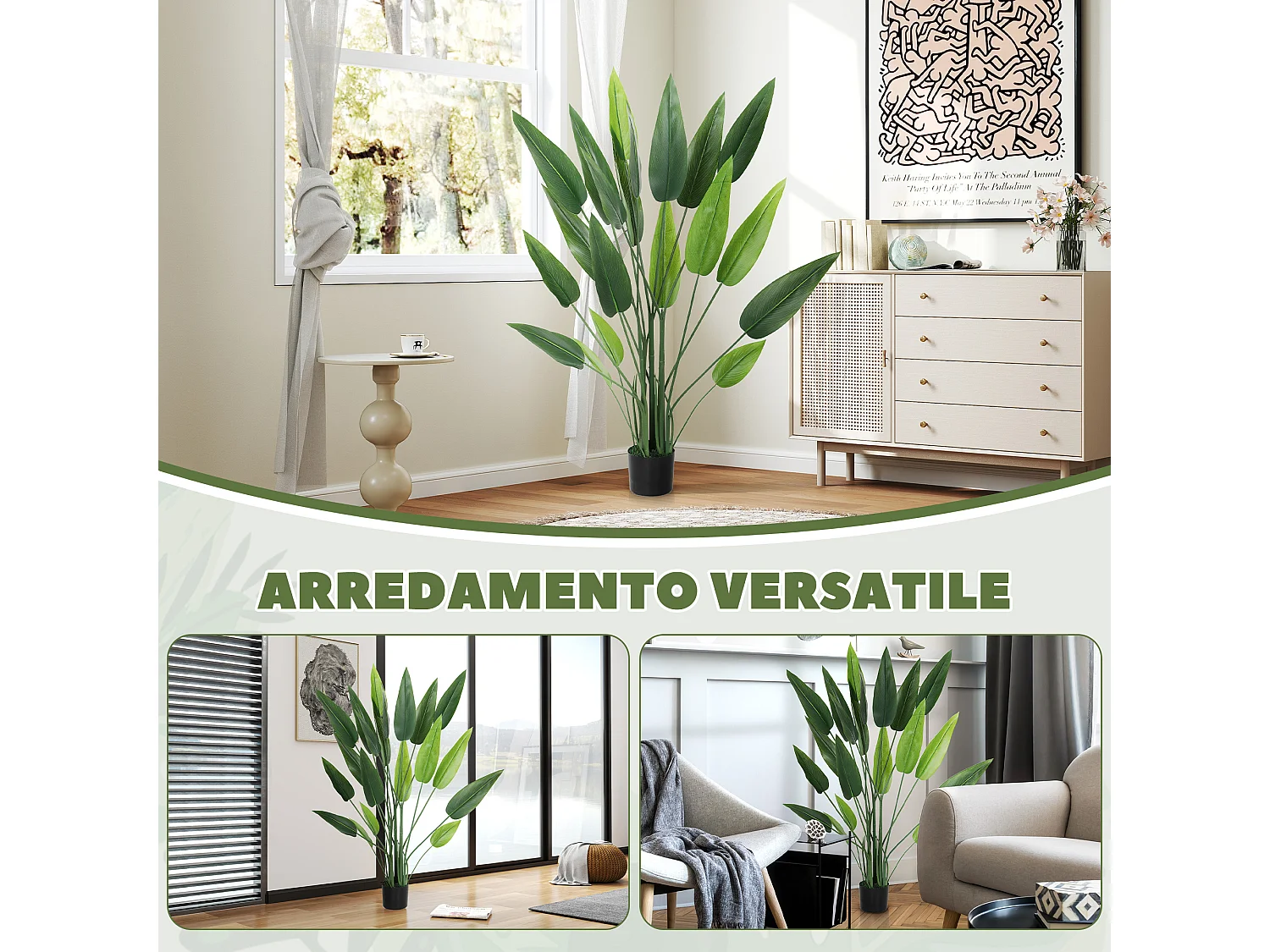 Pianta artificiale verde di uccello del paradiso da 20 foglie con vaso