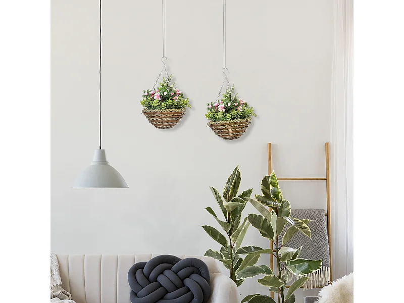 Set 2 piante finte lisianthus da appendere con vaso in vimini