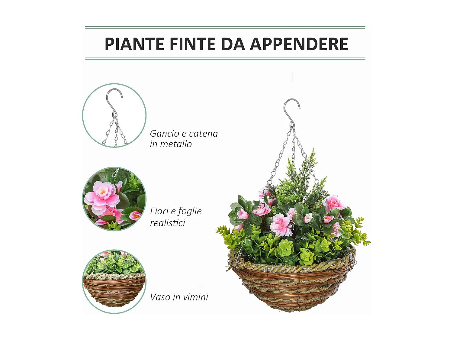 Set 2 piante finte lisianthus da appendere con vaso in vimini