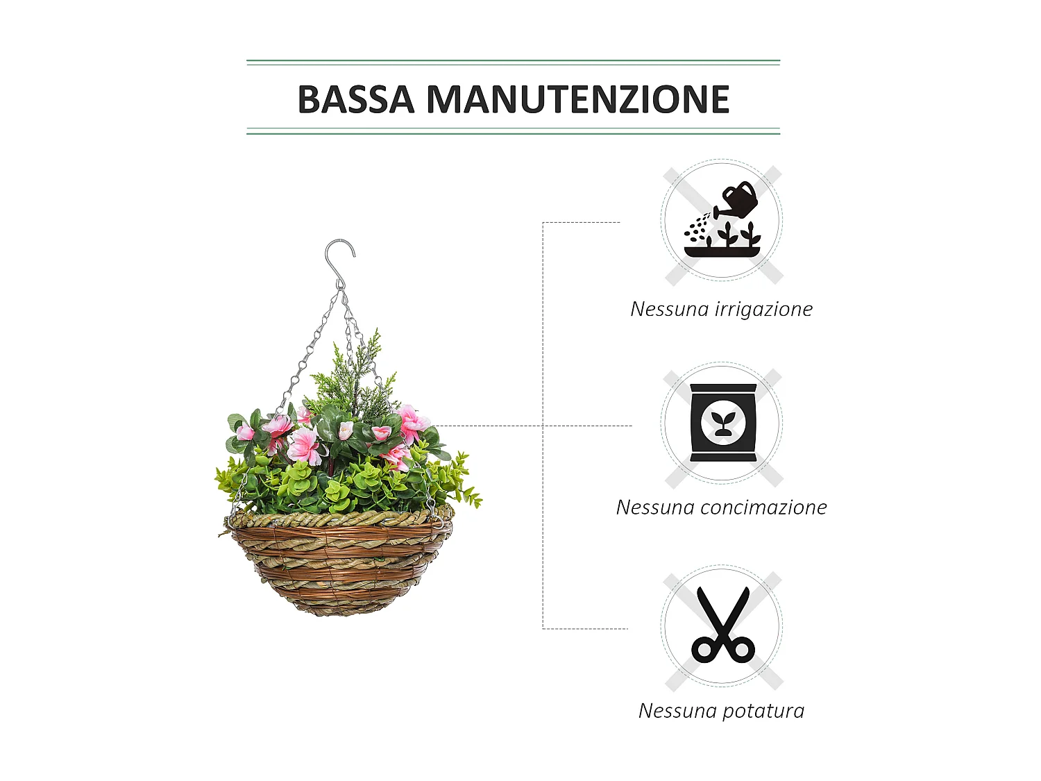 Set 2 piante finte lisianthus da appendere con vaso in vimini