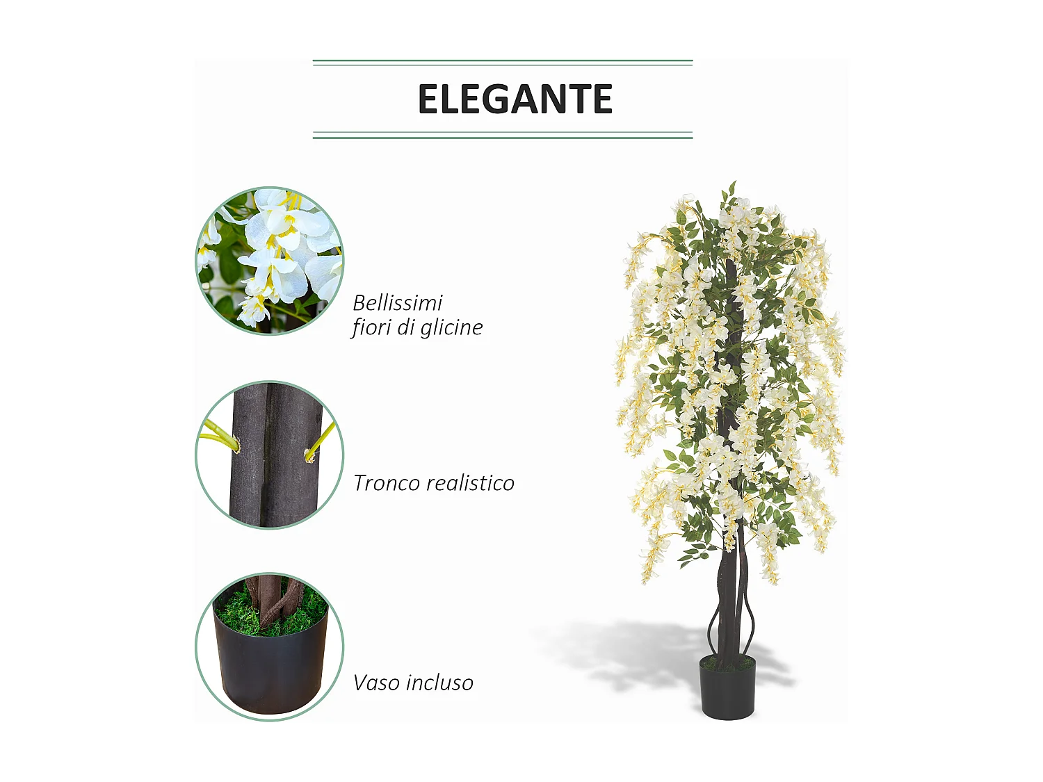 Pianta artificiale di glicine bianco da 165 cm per interni ed esterni