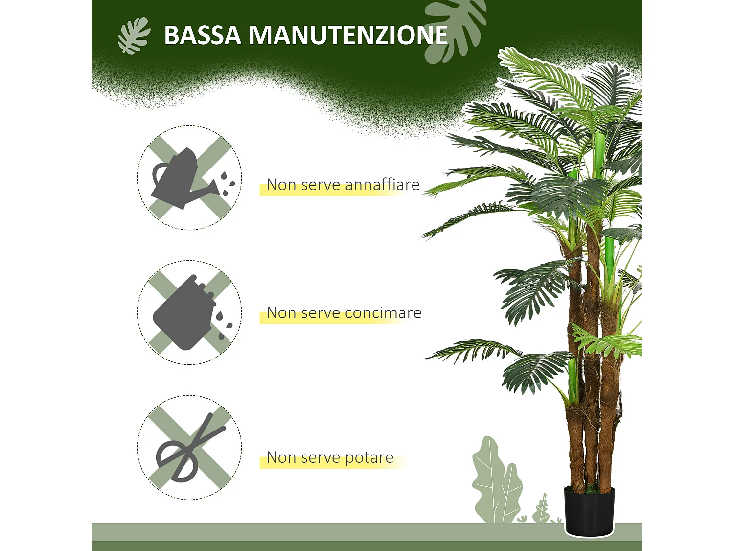 Palma artificiale verde 160 cm in vaso con 36 foglie in pe e cemento