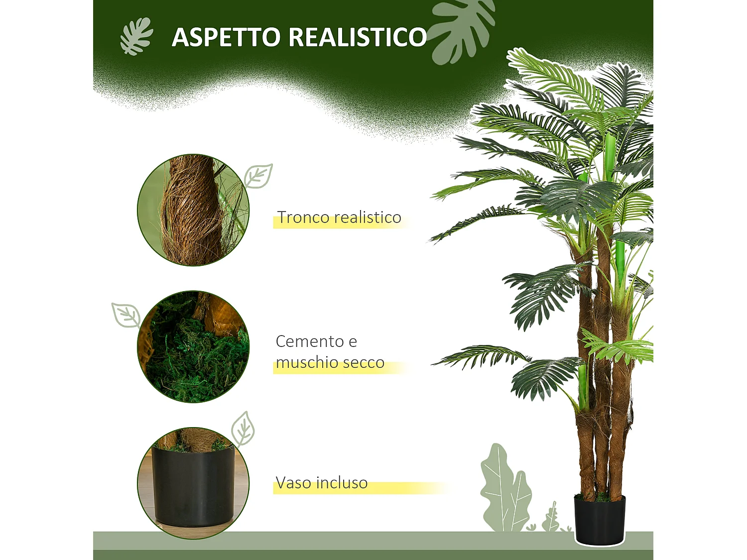 Palma artificiale verde 160 cm in vaso con 36 foglie in pe e cemento