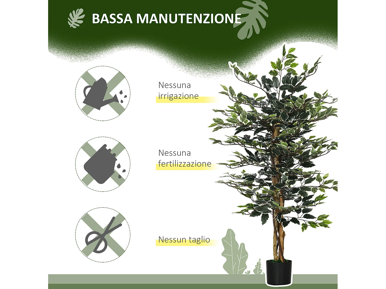 Pianta artificiale di fico da 130 cm 702 foglie e 3 tronchi