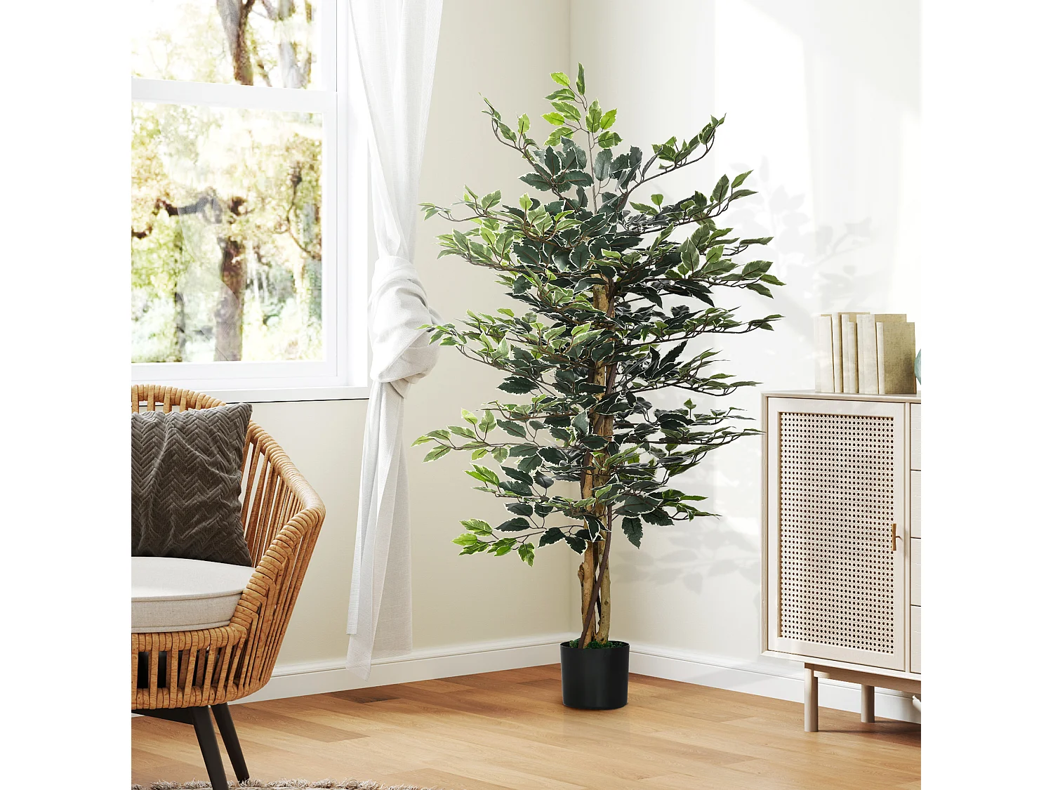 Pianta artificiale di fico da 130 cm 702 foglie e 3 tronchi