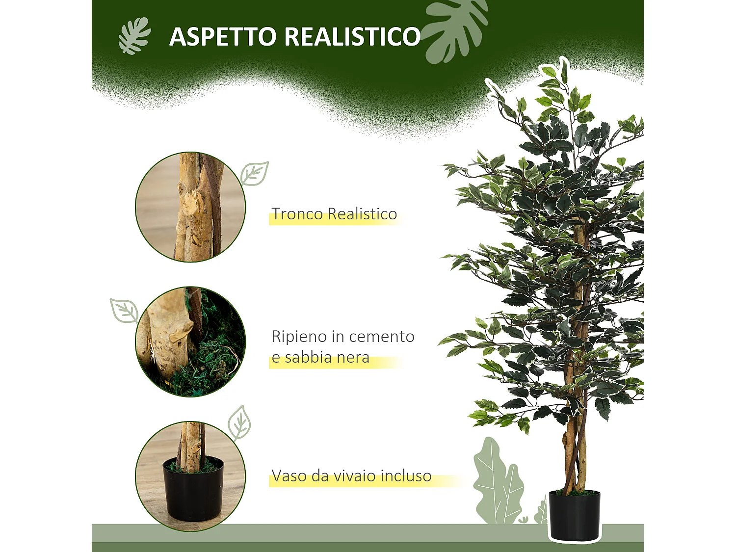 Pianta artificiale di fico da 130 cm 702 foglie e 3 tronchi