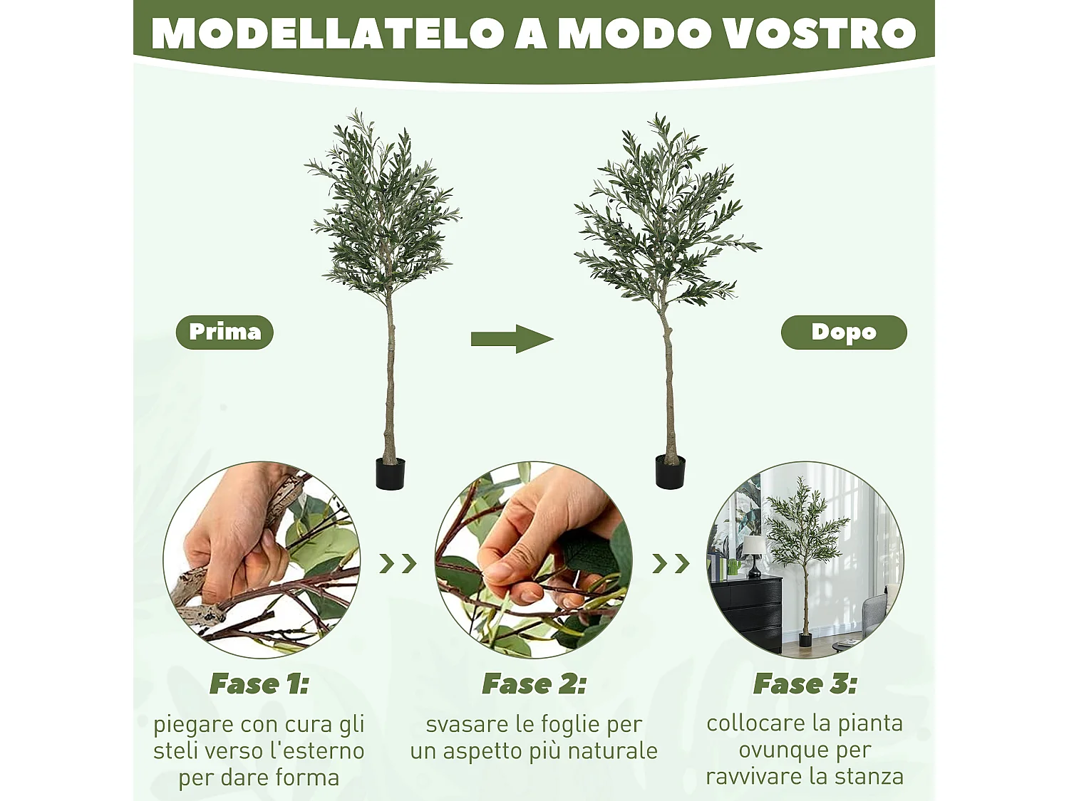 Pianta artificiale di olivo alta 180 cm con 900 foglie e 40 olive