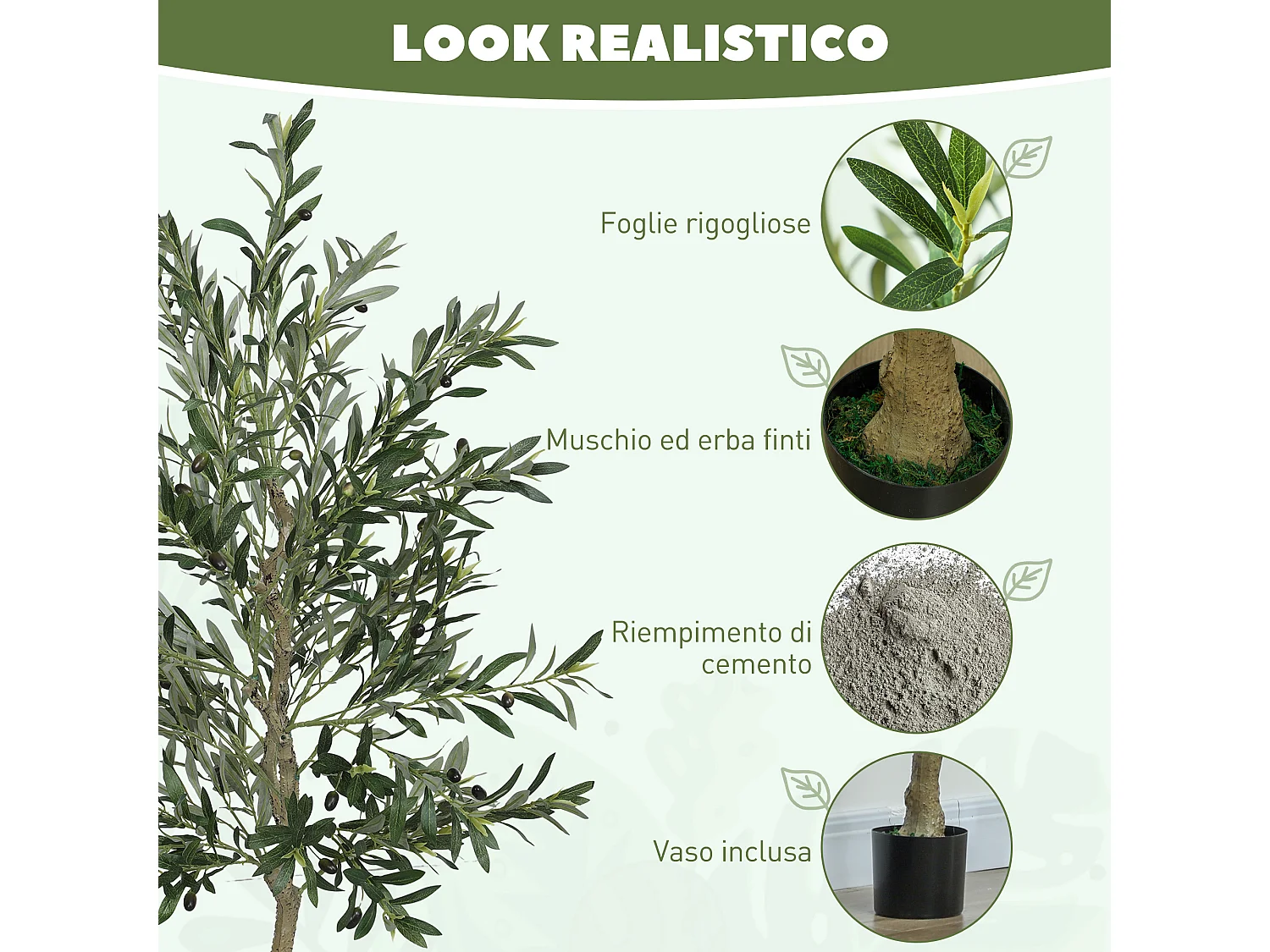 Pianta artificiale di olivo alta 180 cm con 900 foglie e 40 olive