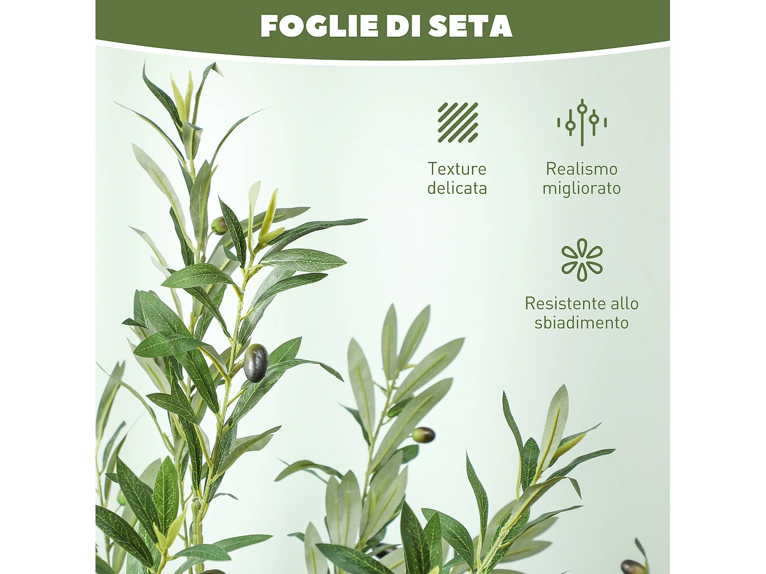 Pianta artificiale di olivo alta 180 cm con 900 foglie e 40 olive
