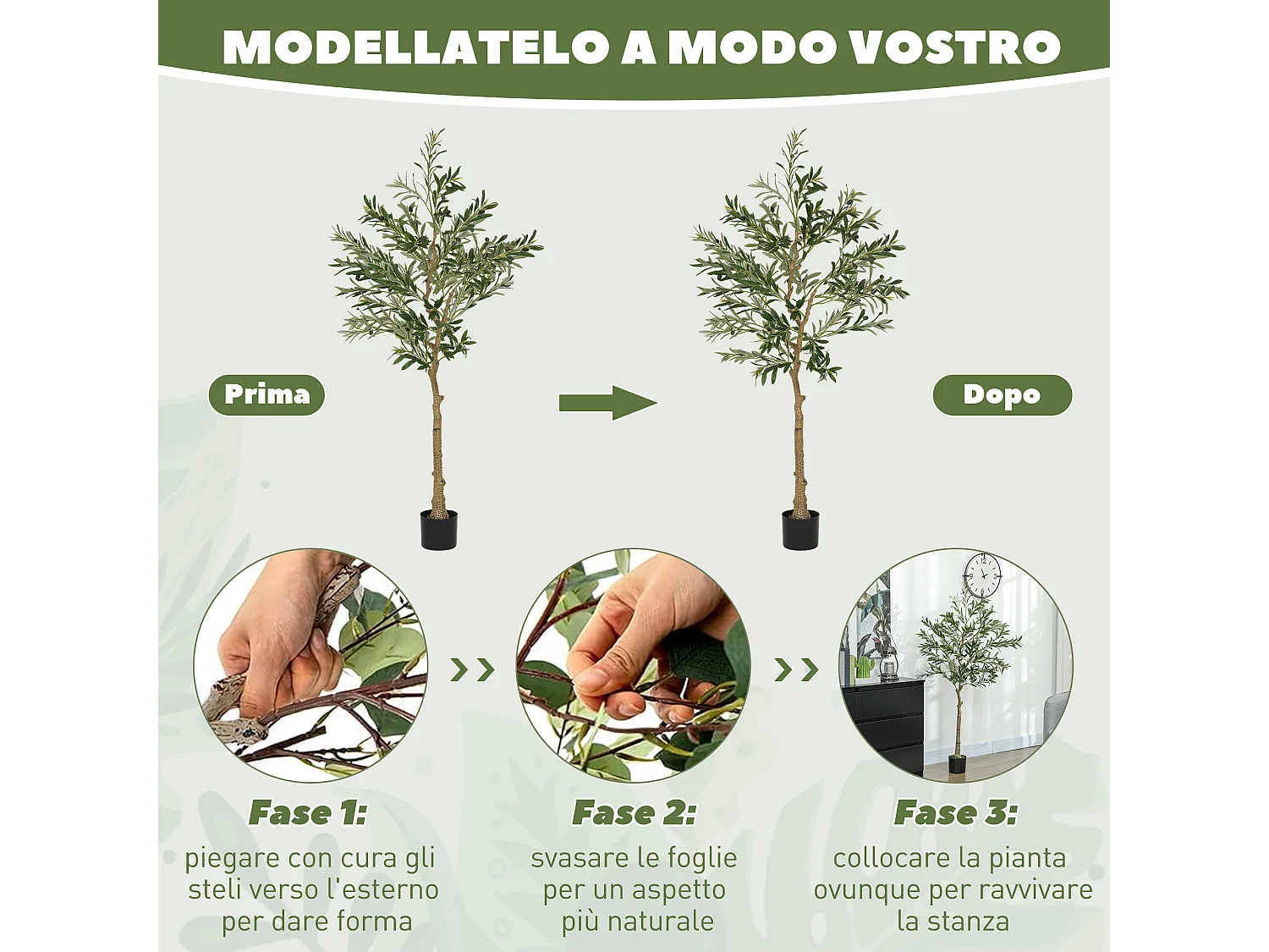 Pianta artificiale di olivo alta 150 cm con 720 foglie e 32 olive
