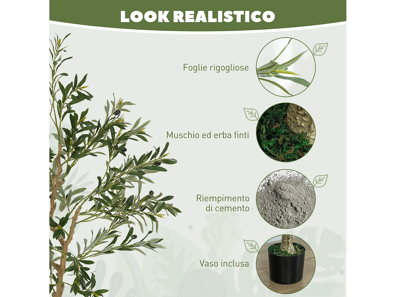 Pianta artificiale di olivo alta 150 cm con 720 foglie e 32 olive