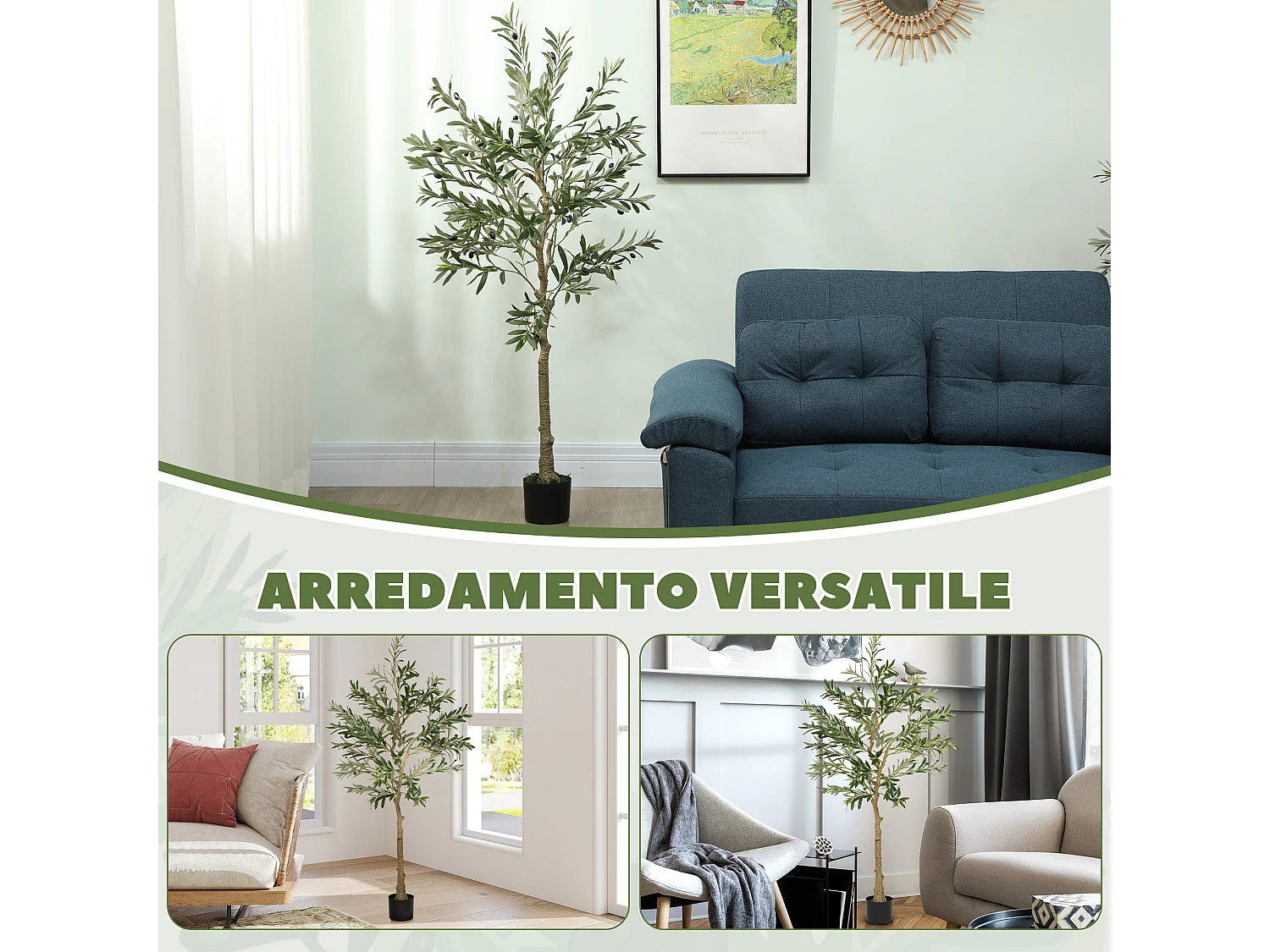 Pianta artificiale di olivo alta 150 cm con 720 foglie e 32 olive