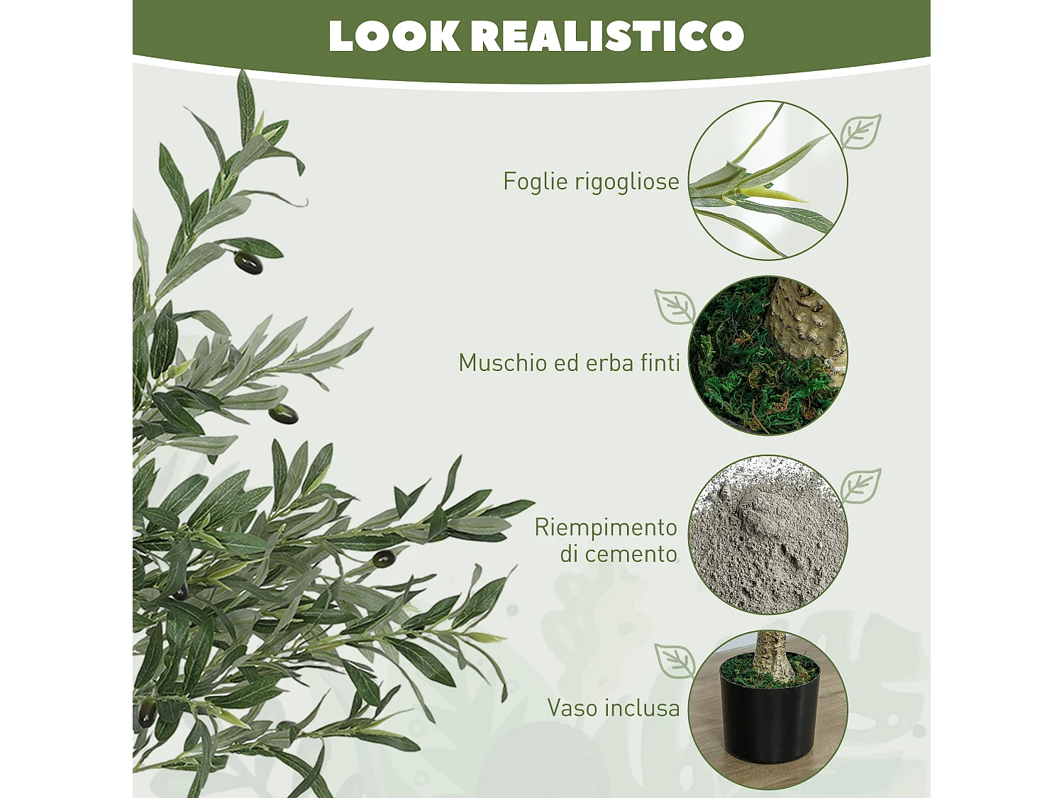 Pianta artificiale di olivo alta 120 cm con 450 foglie e 20 olive
