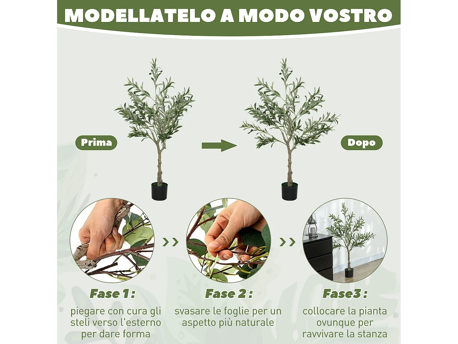 Pianta artificiale di olivo alta 120 cm con 450 foglie e 20 olive