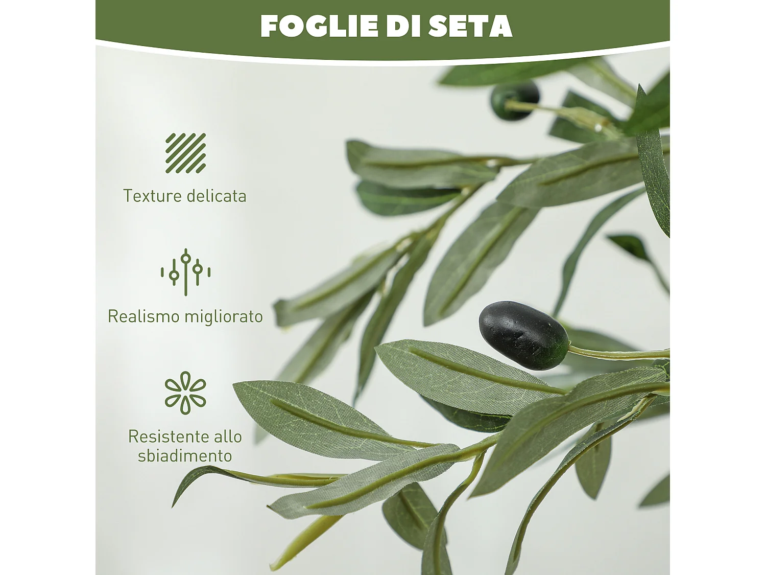 Pianta artificiale di olivo alta 120 cm con 450 foglie e 20 olive