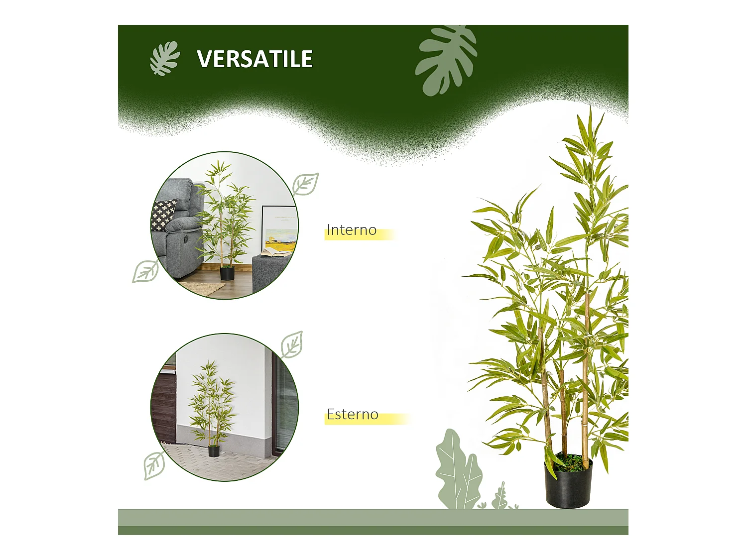 Pianta finta di bambù alta 120cm con vaso da interno ed esterno