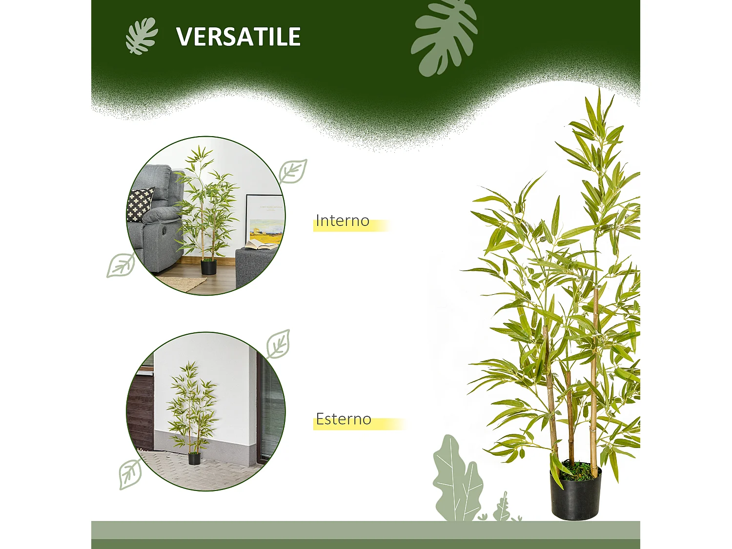 Pianta finta di bambù alta 120cm con vaso da interno ed esterno