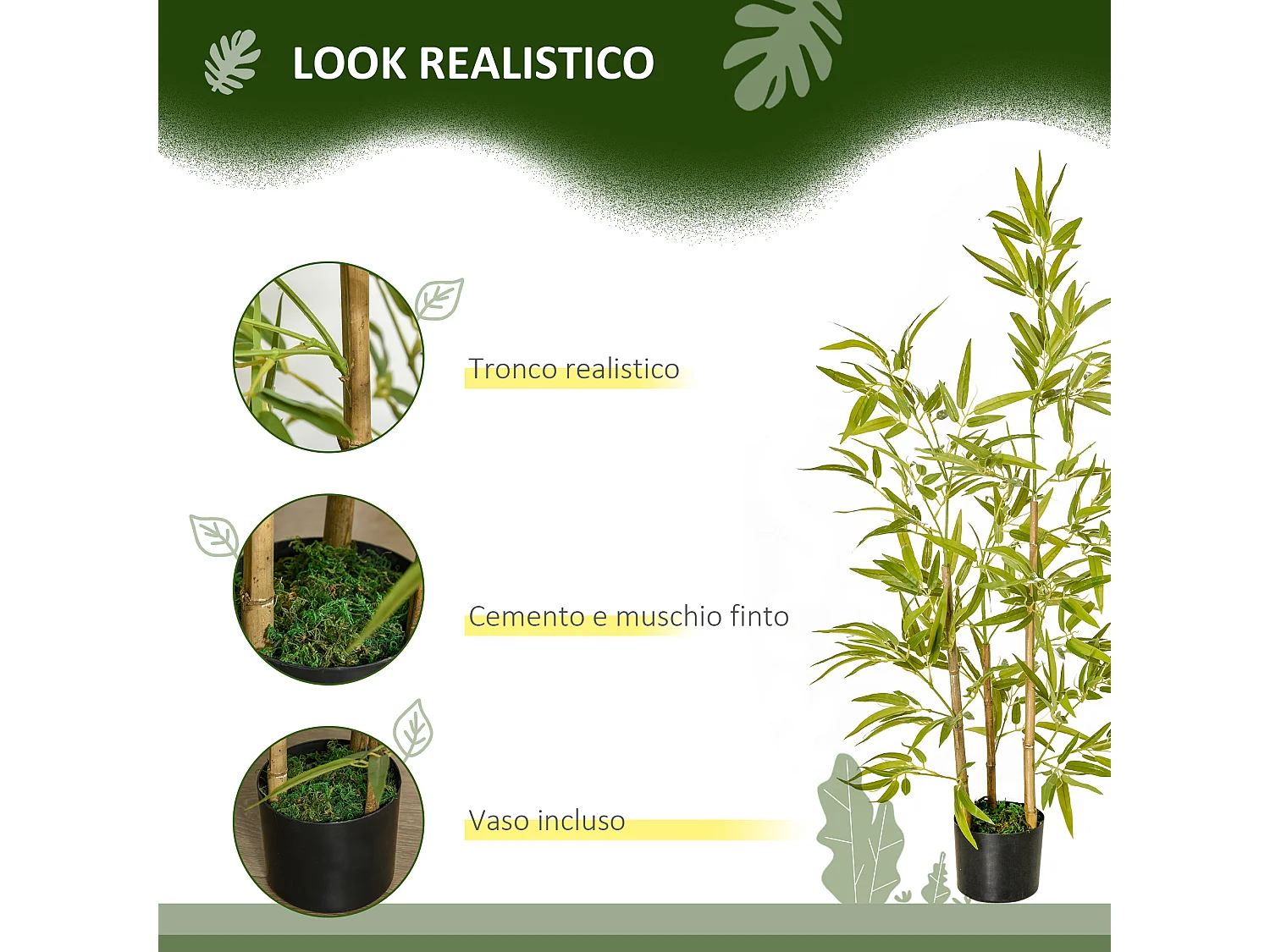 Pianta finta di bambù alta 120cm con vaso da interno ed esterno