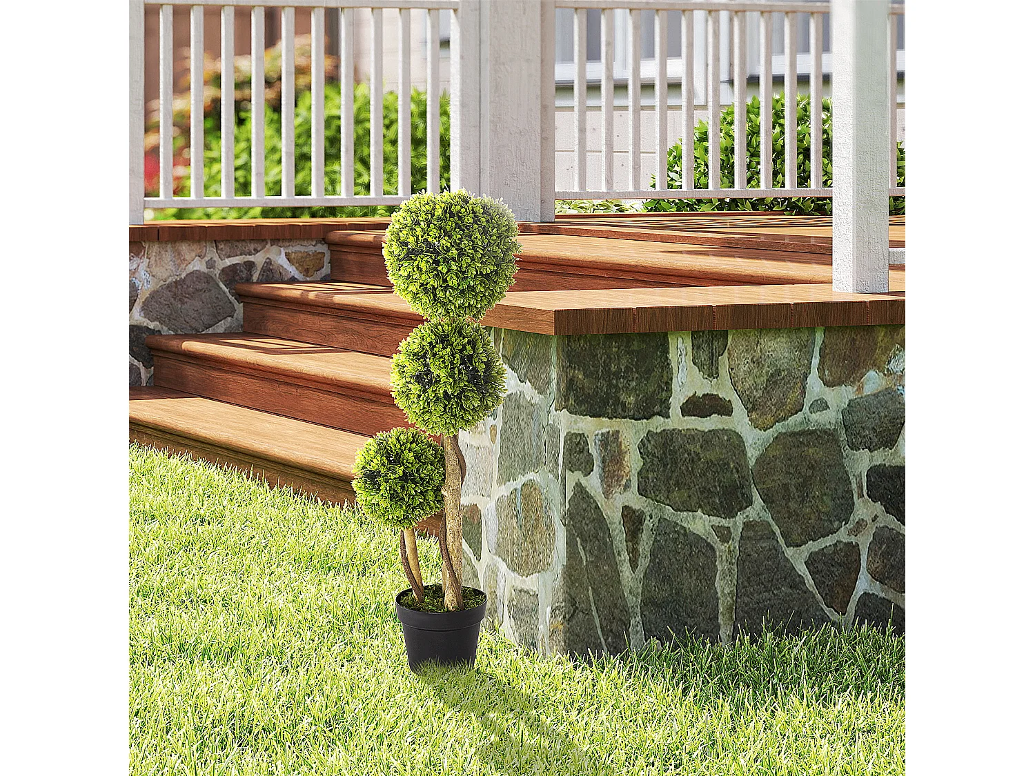 Pianta di bosso finta a 3 sfere con vaso incluso alta 90cm