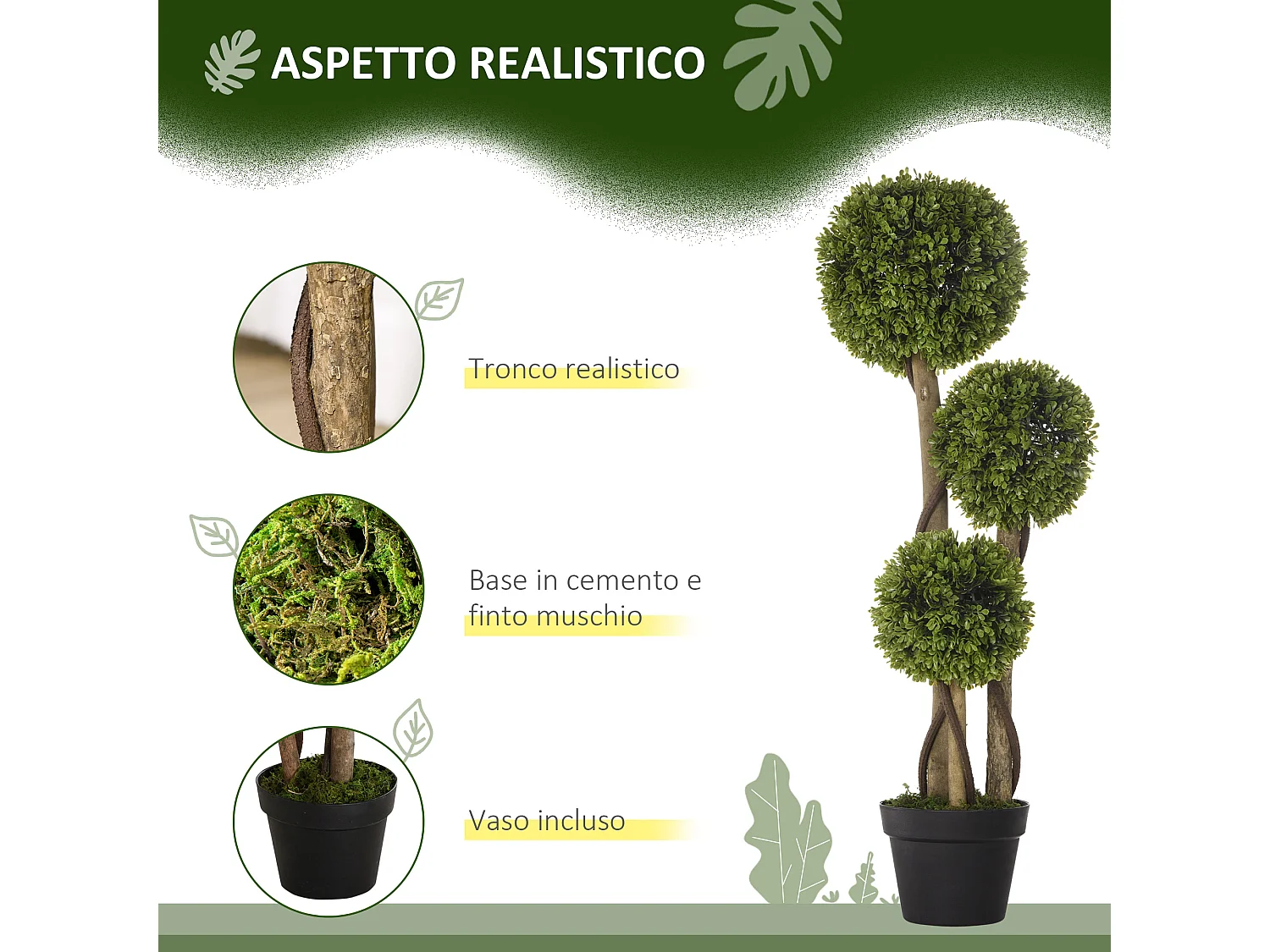 Pianta di bosso finta a 3 sfere con vaso incluso alta 90cm