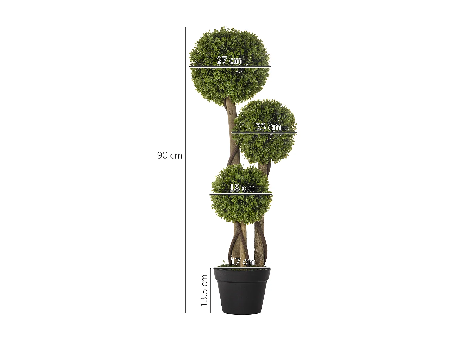 Pianta di bosso finta a 3 sfere con vaso incluso alta 90cm