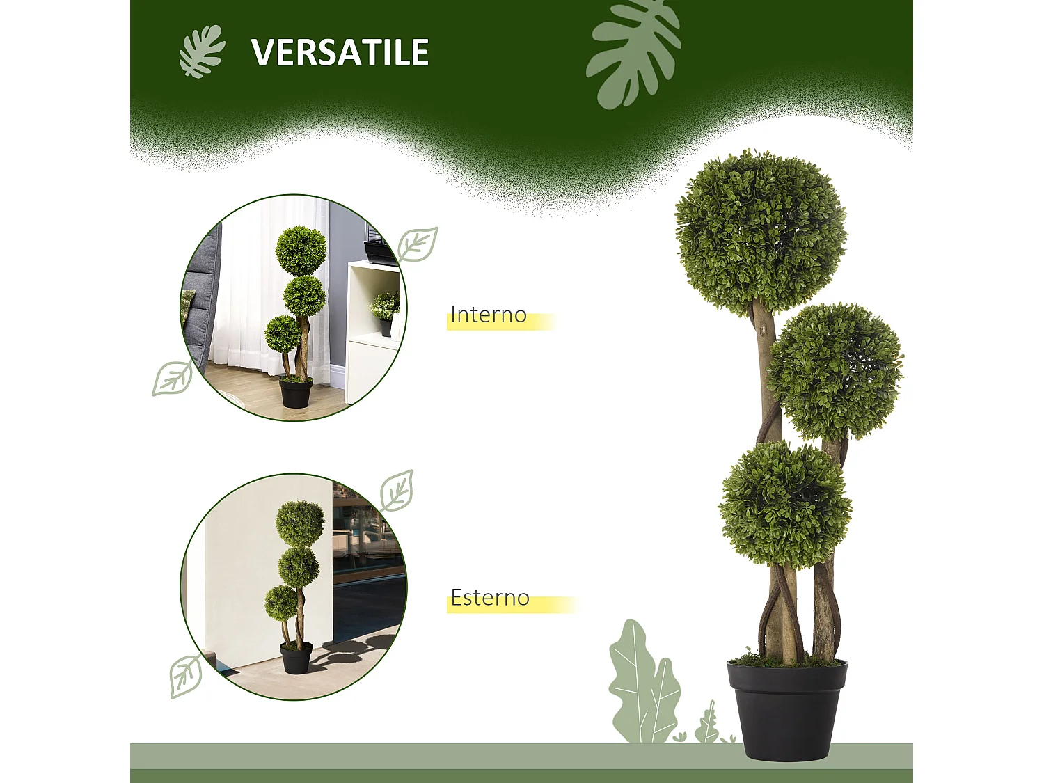 Pianta di bosso finta a 3 sfere con vaso incluso alta 90cm