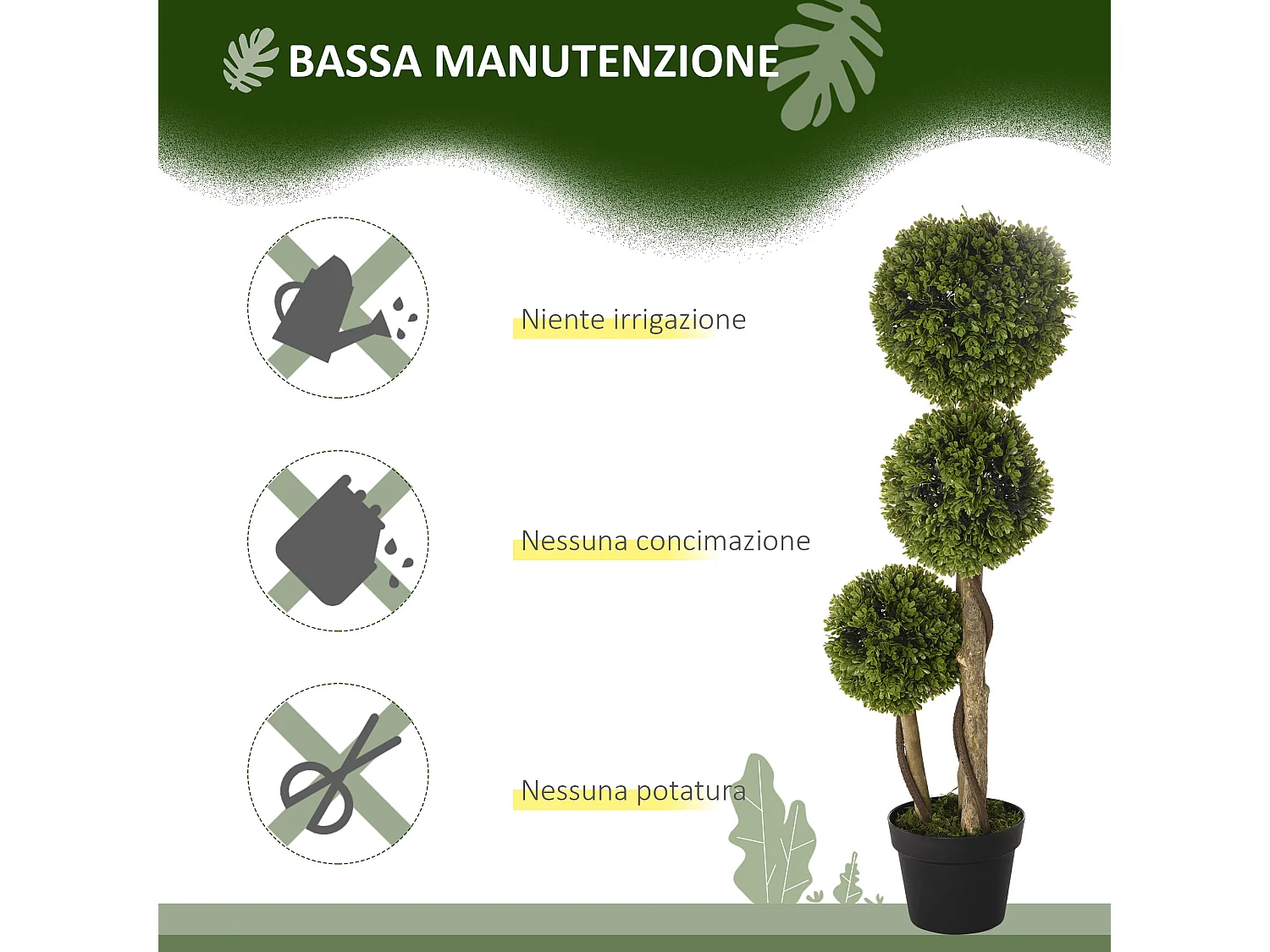 Pianta di bosso finta a 3 sfere con vaso incluso alta 90cm