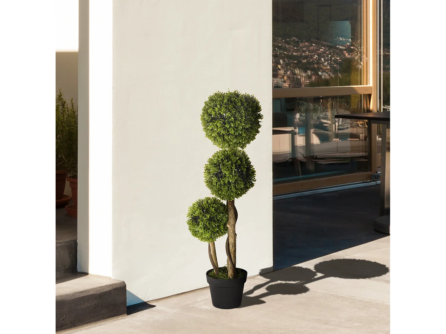 Pianta di bosso finta a 3 sfere con vaso incluso alta 90cm