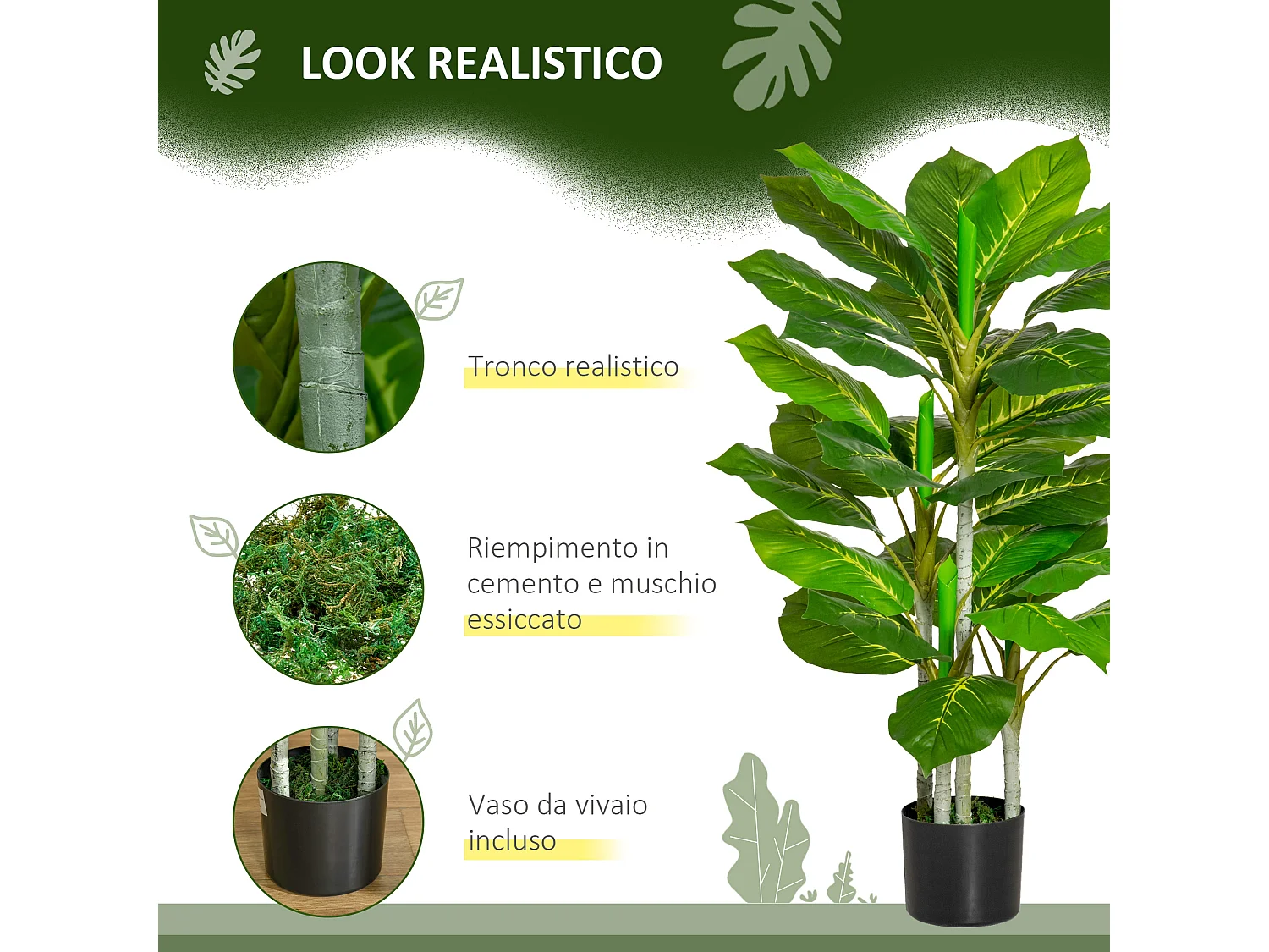 Pianta verde artificiale 95 cm da 33 foglie per interni ed esterni