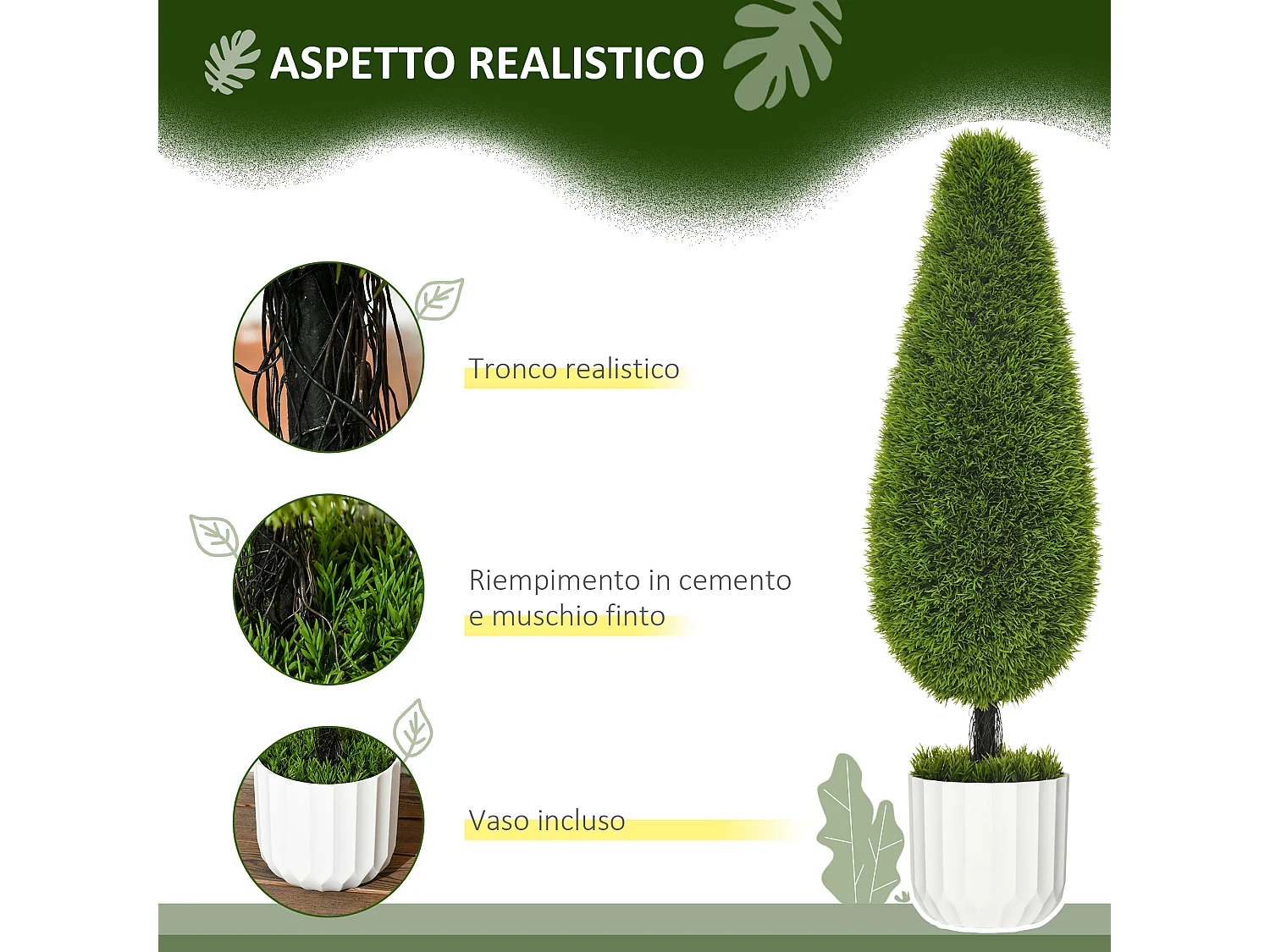 Set 2 piante finte di cipresso con vasi muschio e cemento