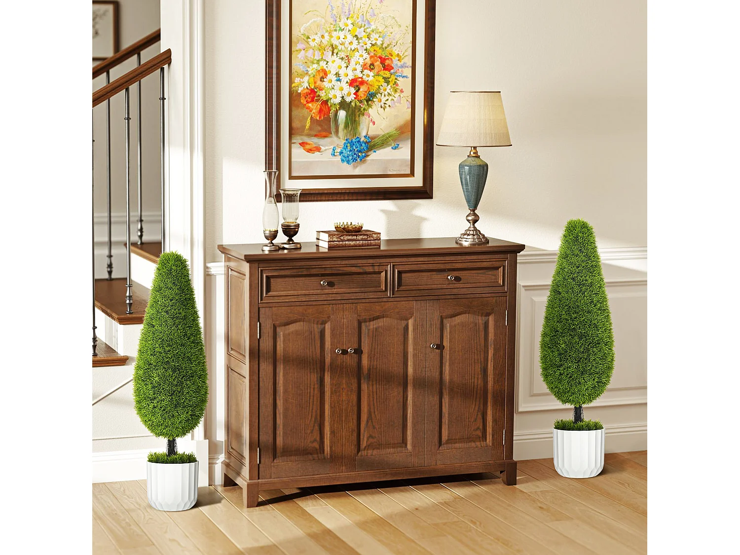 Set 2 piante finte di cipresso con vasi muschio e cemento