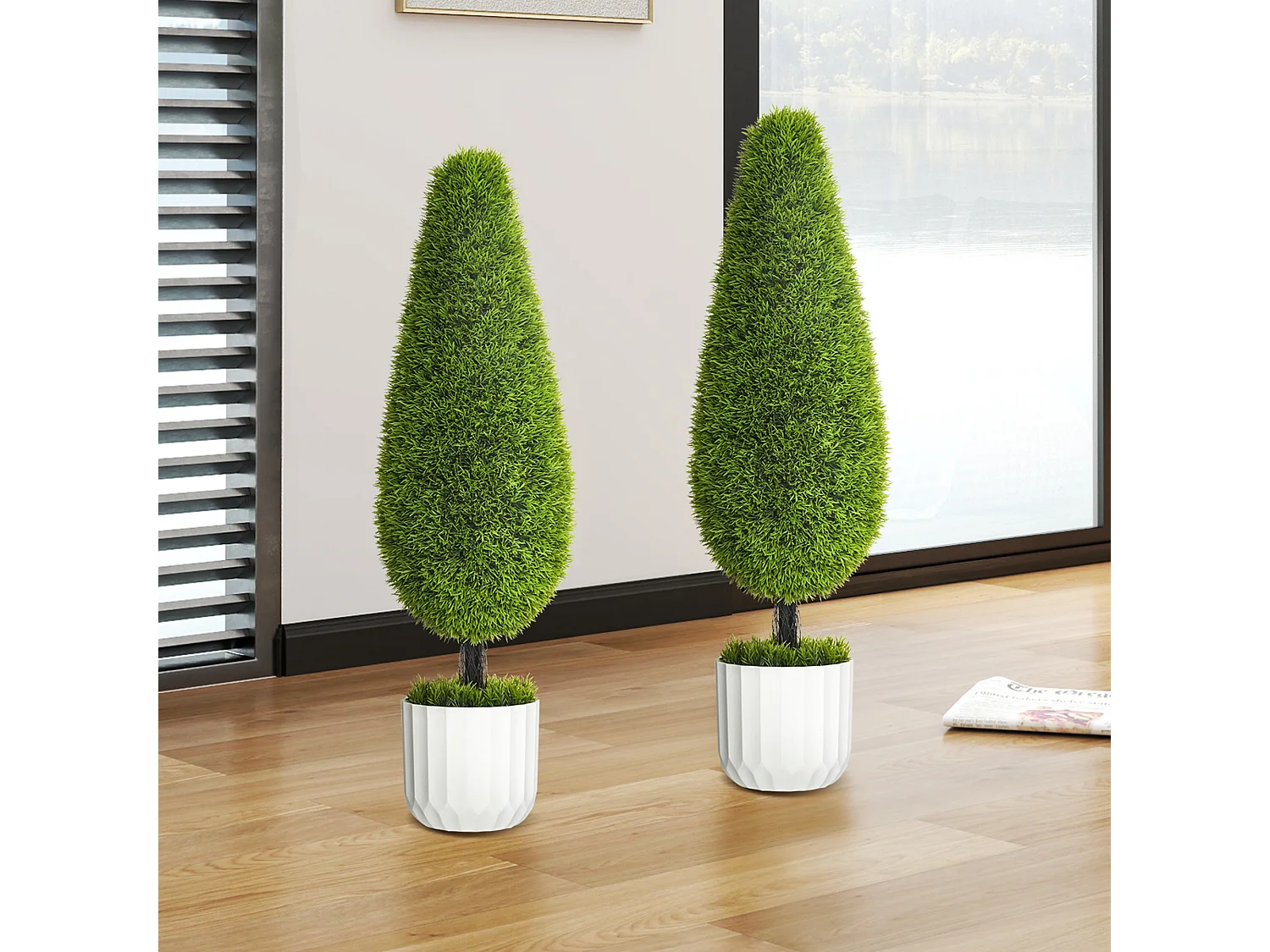 Set 2 piante finte di cipresso con vasi muschio e cemento