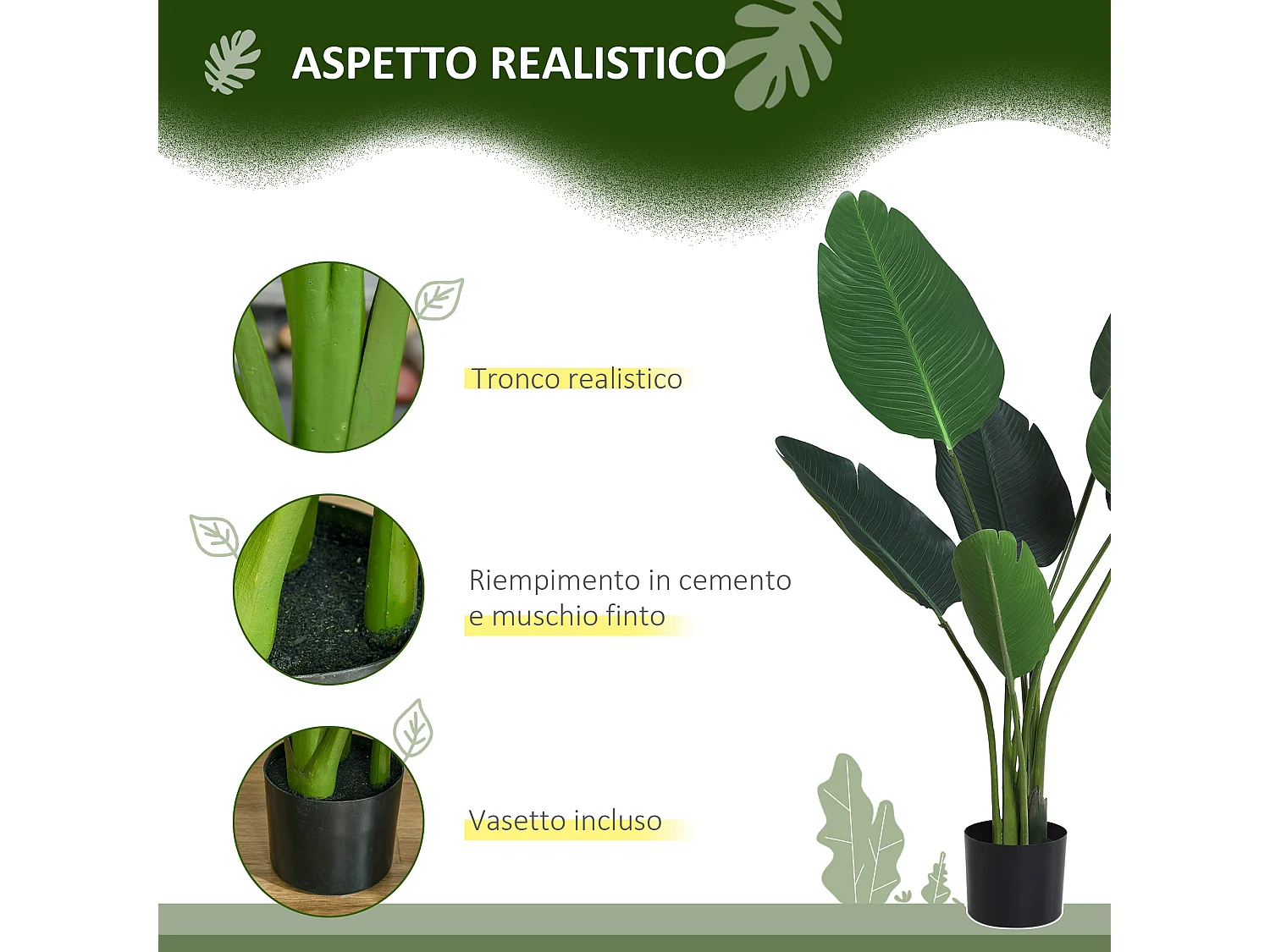 Pianta finta uccello del paradiso alta 120cm con vaso