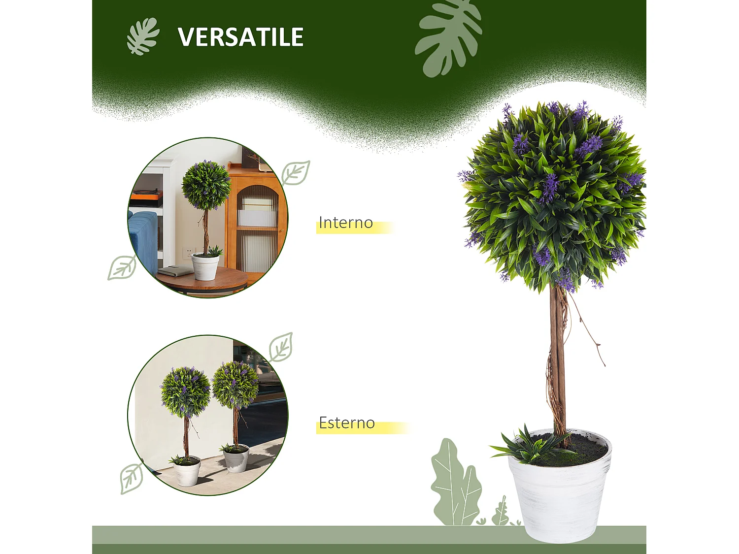 Set 2 piante artificiali verdi con fiori di lavanda e vaso Ø24x60 cm