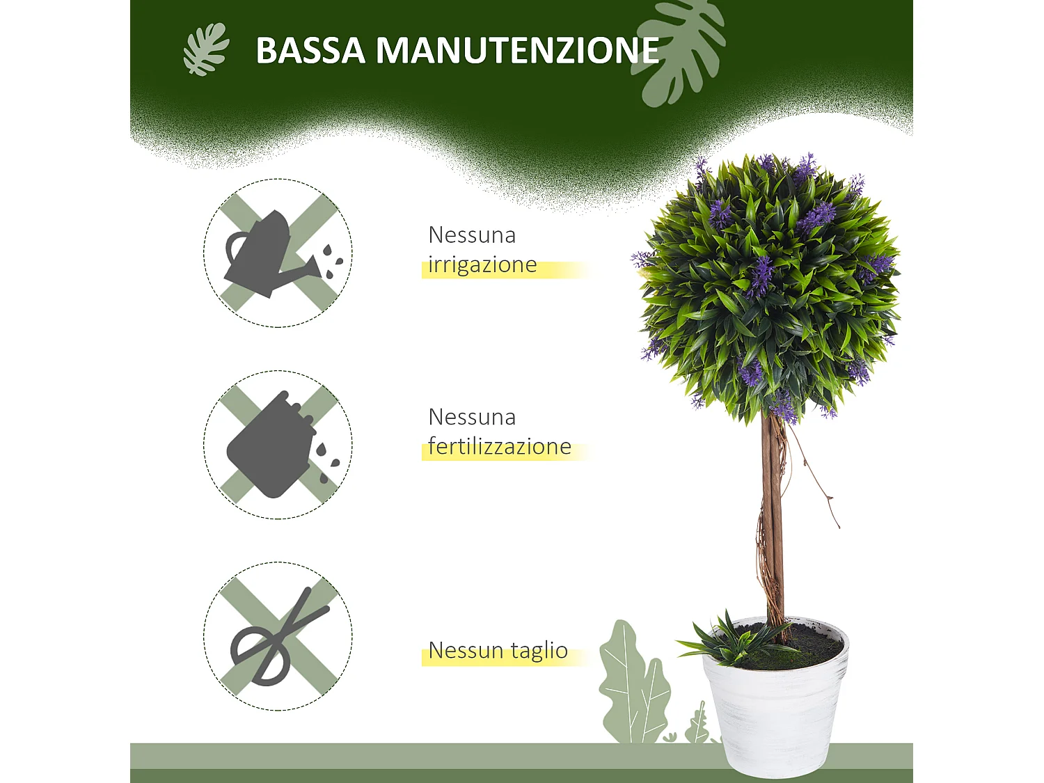 Set 2 piante artificiali verdi con fiori di lavanda e vaso Ø24x60 cm