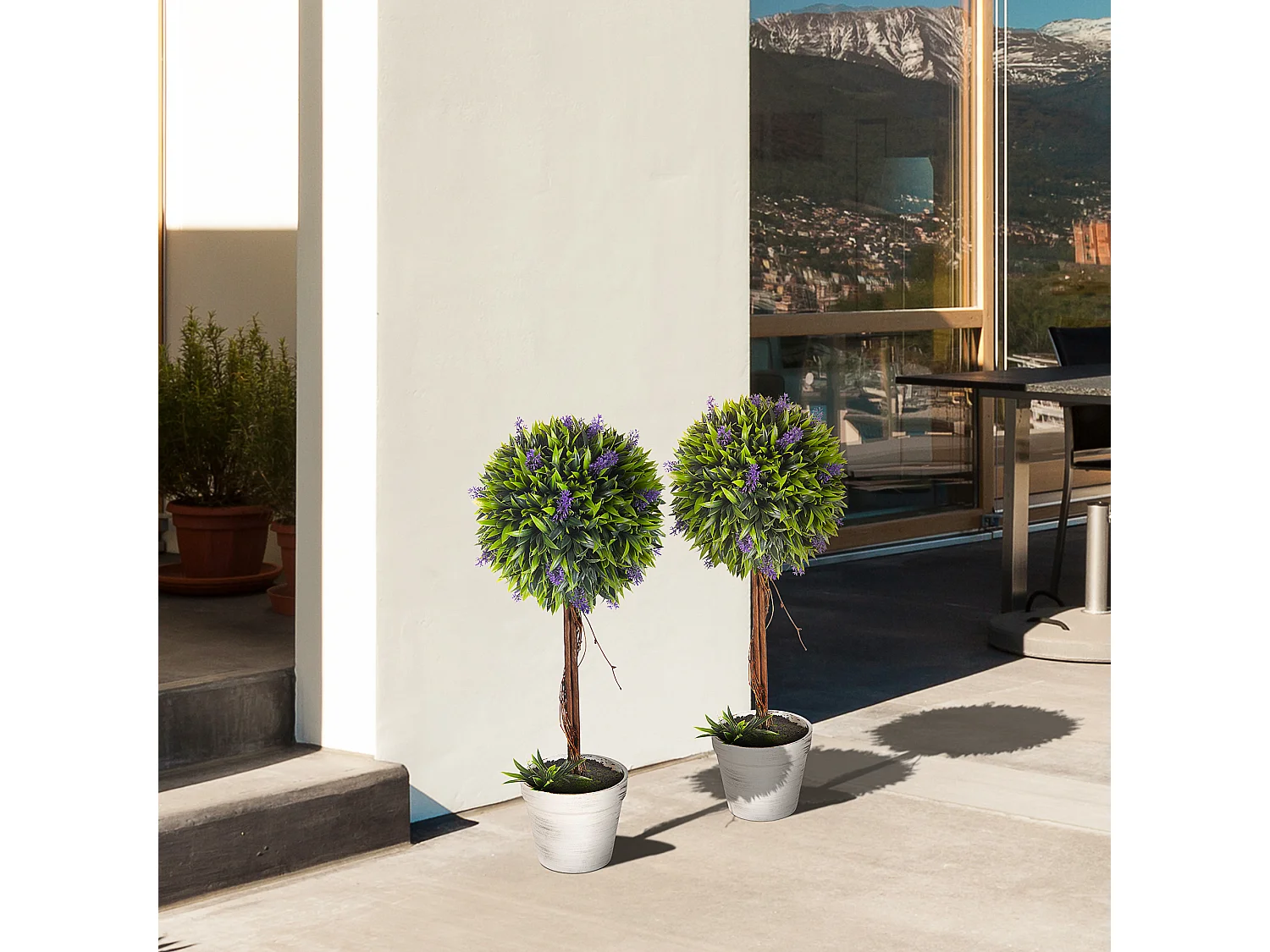 Set 2 piante artificiali verdi con fiori di lavanda e vaso Ø24x60 cm