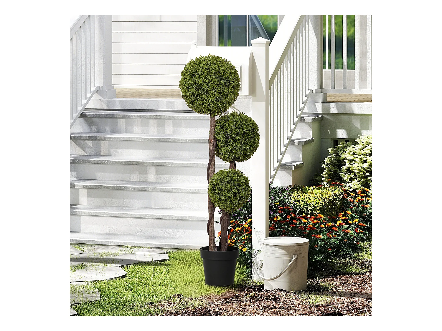 Pianta di bosso finta a 3 sfere con vaso incluso alta 115cm