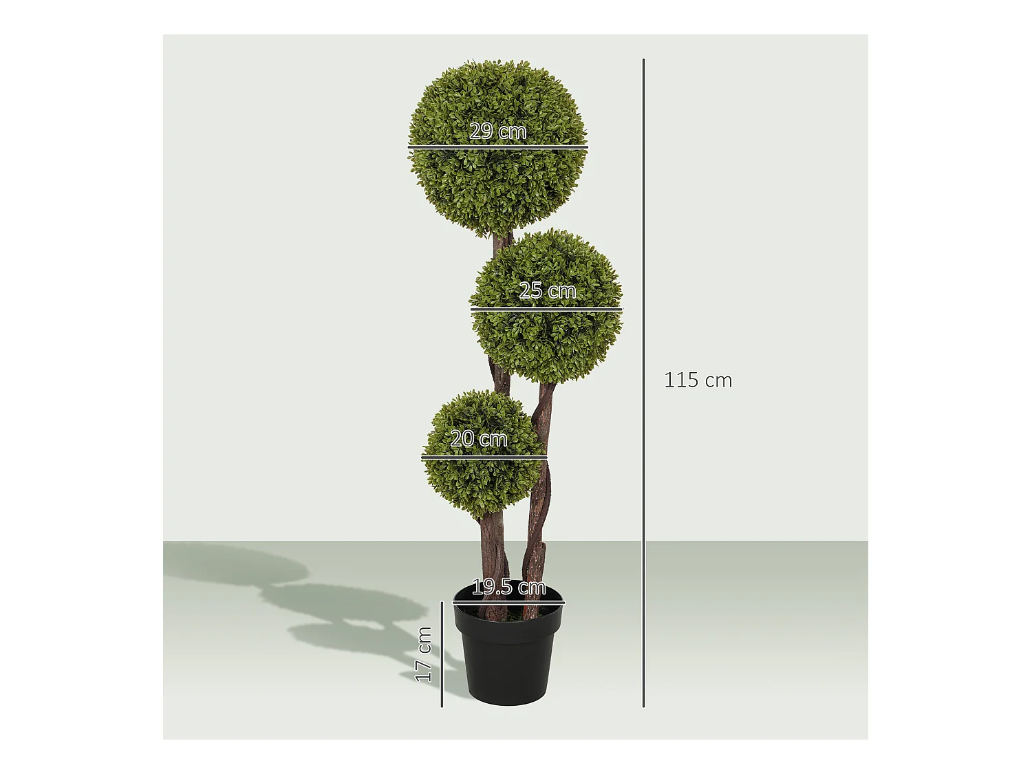 Pianta di bosso finta a 3 sfere con vaso incluso alta 115cm