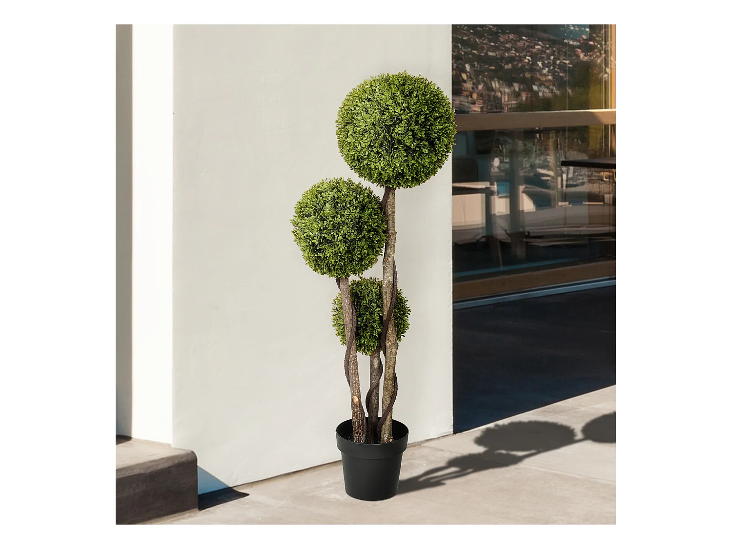 Pianta di bosso finta a 3 sfere con vaso incluso alta 115cm
