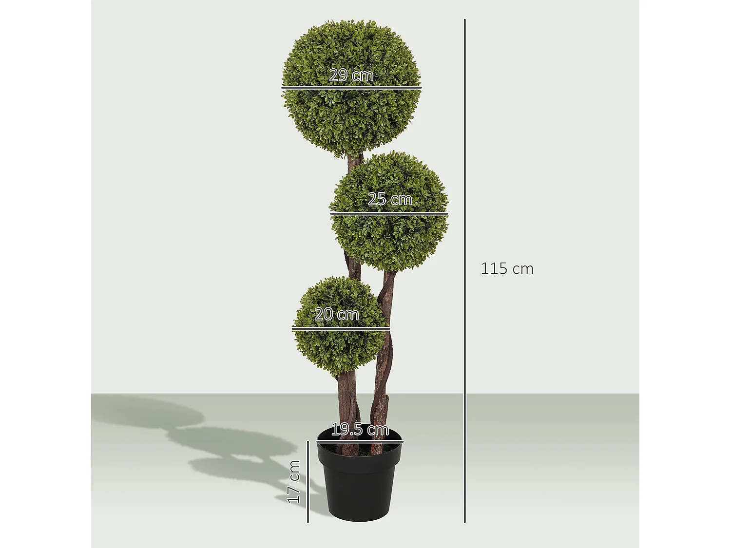 Pianta di bosso finta a 3 sfere con vaso incluso alta 115cm