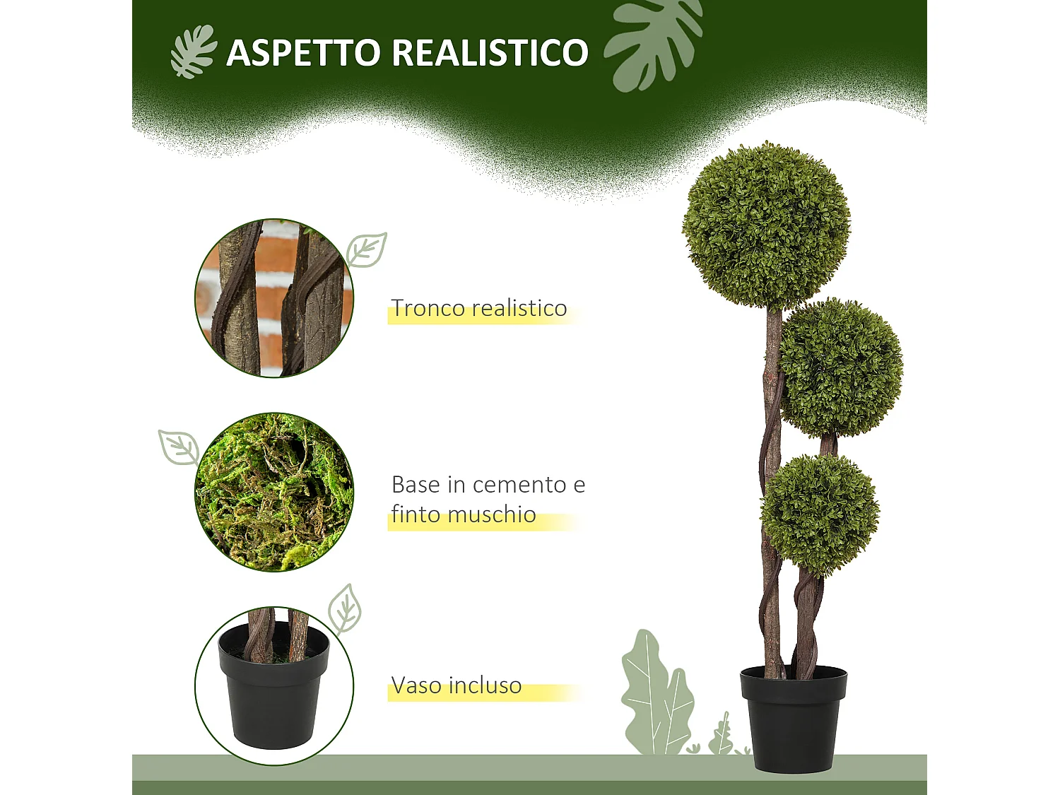 Pianta di bosso finta a 3 sfere con vaso incluso alta 115cm