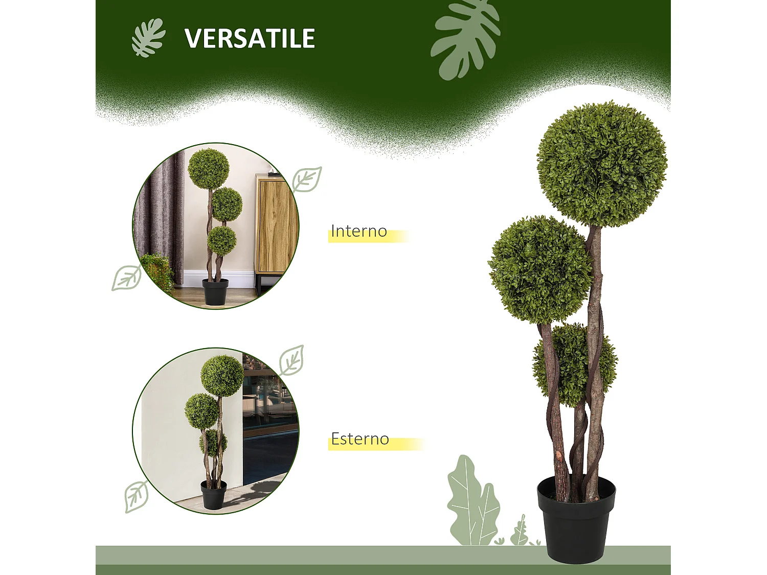 Pianta di bosso finta a 3 sfere con vaso incluso alta 115cm