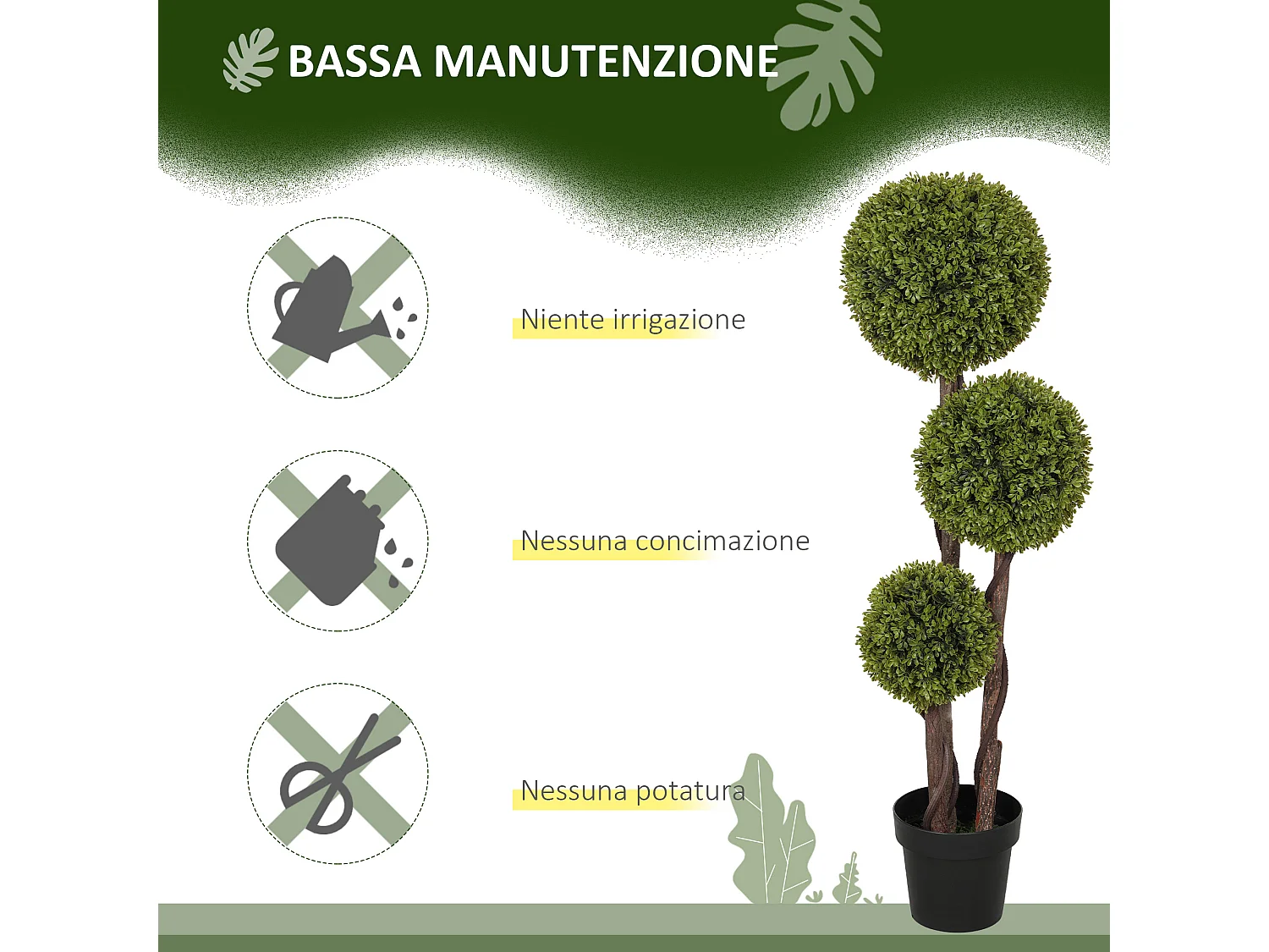 Pianta di bosso finta a 3 sfere con vaso incluso alta 115cm