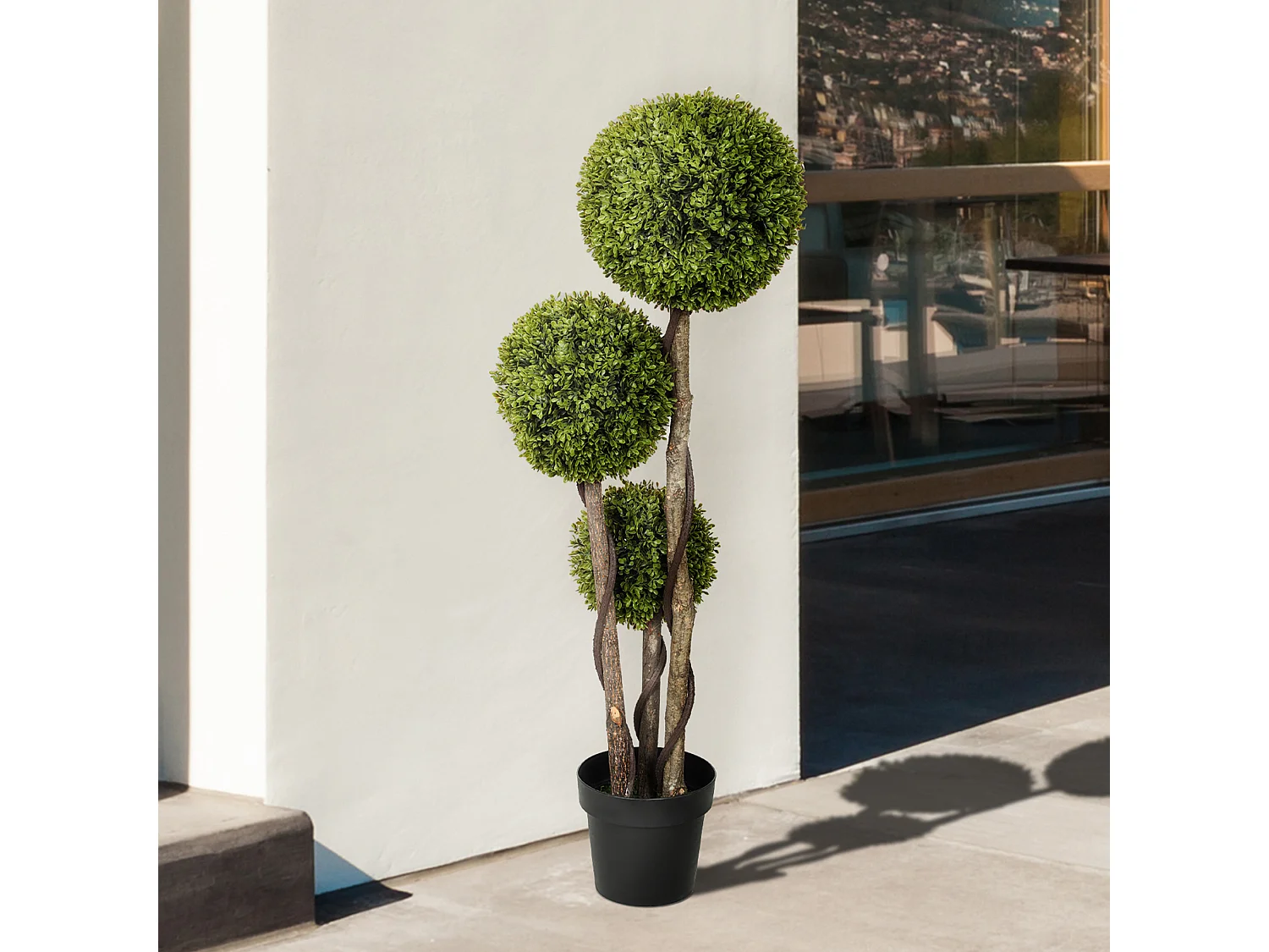 Pianta di bosso finta a 3 sfere con vaso incluso alta 115cm