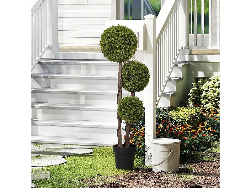 Pianta di bosso finta a 3 sfere con vaso incluso alta 115cm