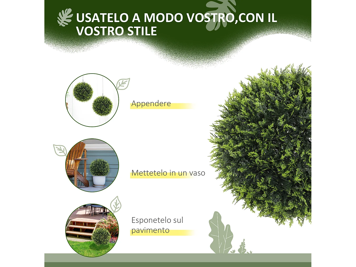 Set 2 piante artificiali a sfera con foglie di cedro Ø45cm