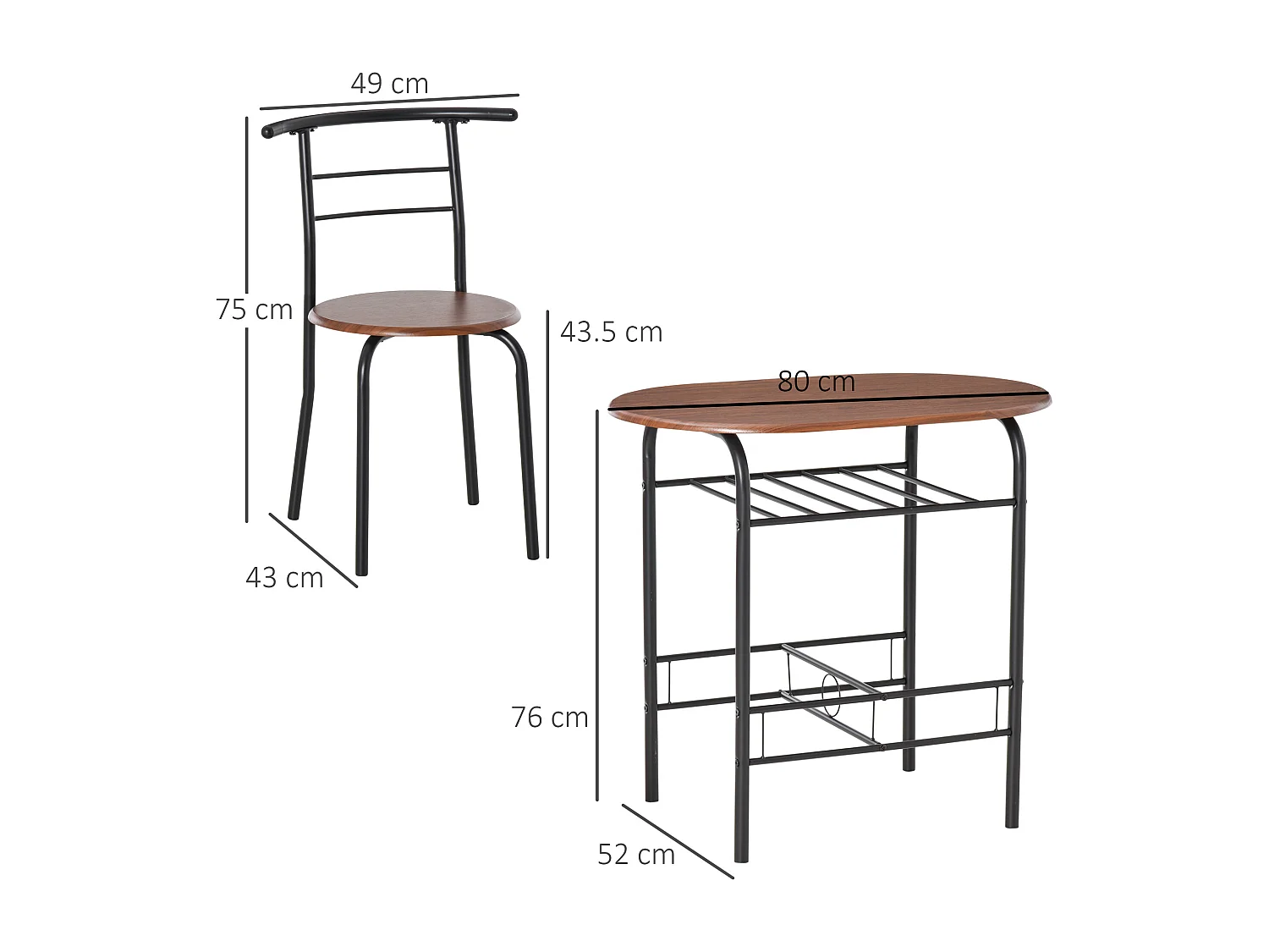 Set 3 pezzi mobili da bar con 2 sedie 49x43x75 cm e Tavolo 80x52x76 cm