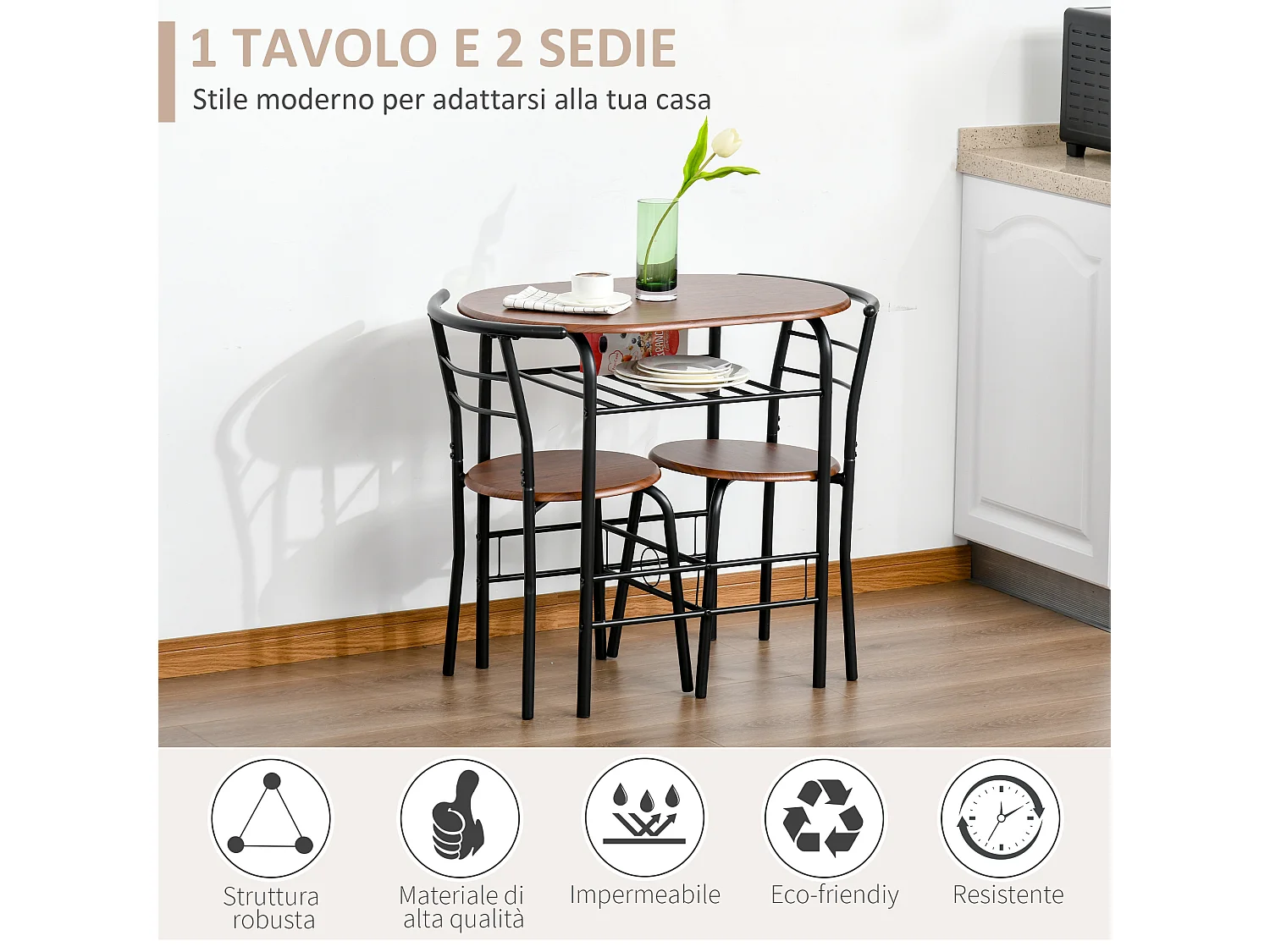 Set 3 pezzi mobili da bar con 2 sedie 49x43x75 cm e Tavolo 80x52x76 cm